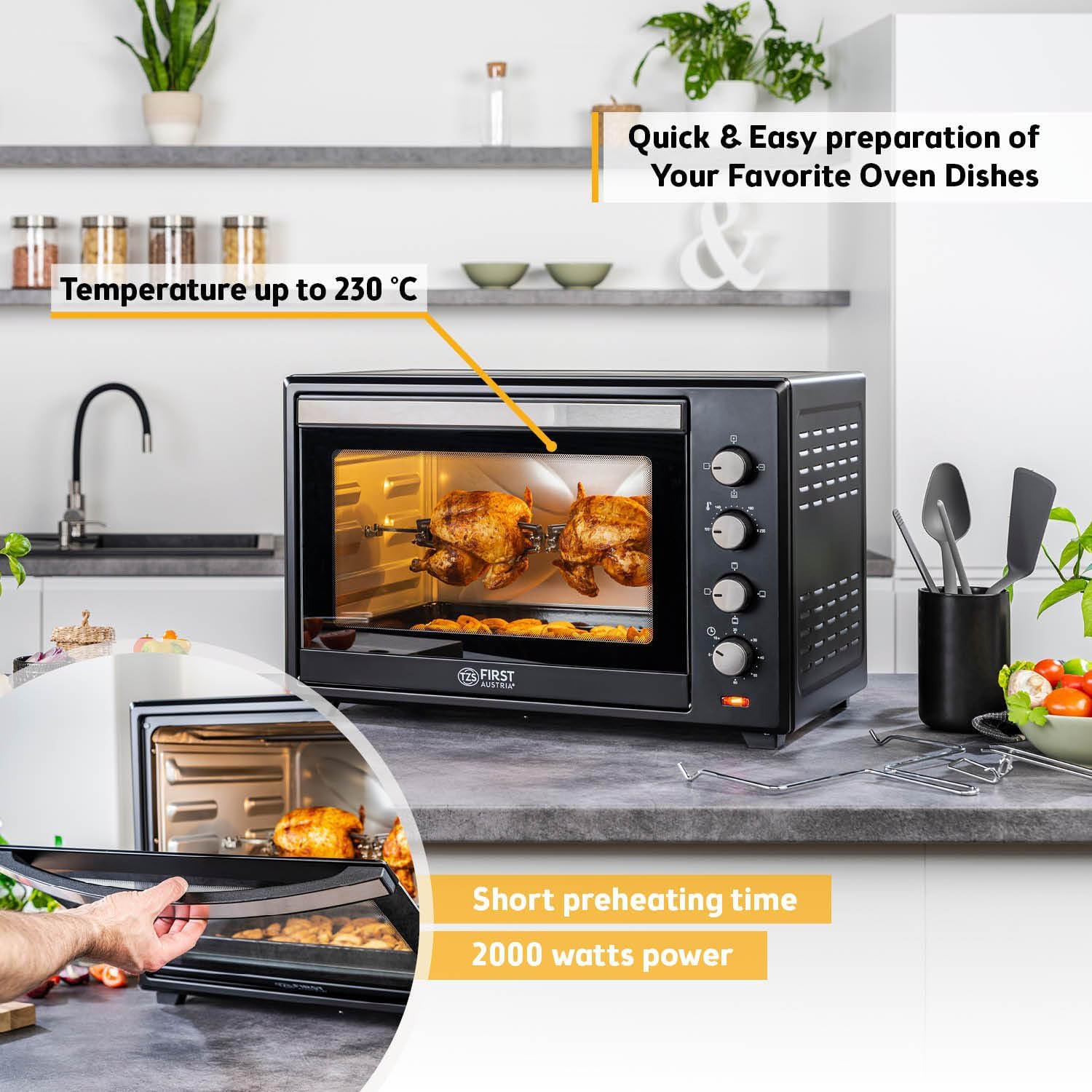 TZS First Austria - Mini Oven 60L 2000W - Small Pizza-Oven temperature control up to 230°C & 6 modes - Baking-Oven with 60 min. timer, 4 rack levels, baking tray, grill rack & rotisserie skewer - Image 3