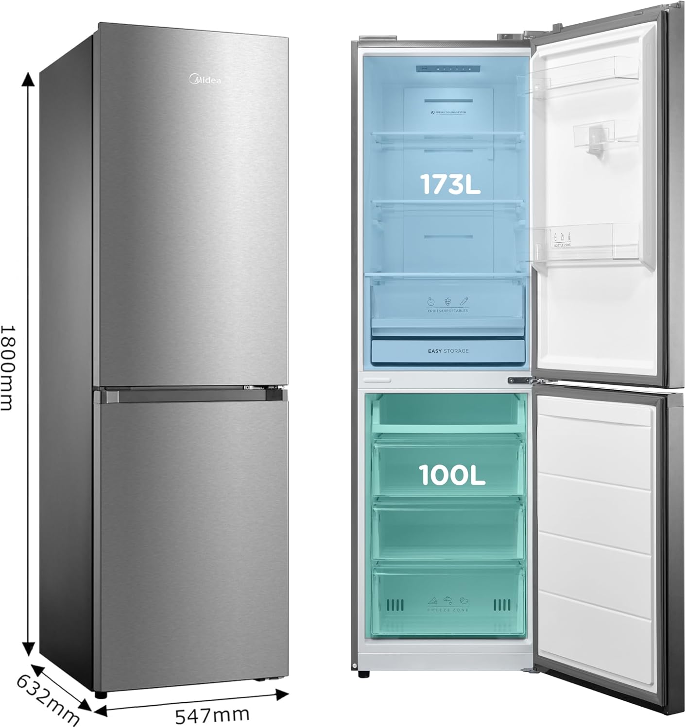 Midea MDRB379FGD02 273L 60/40 Freestanding Fridge Freezer, 173L Fridge, 100L Freezer, Frost Free, Fast Cool & Fast Freeze Mode, 54.7W x 63.2D x 180H cm, Stainless Steel - Image 2