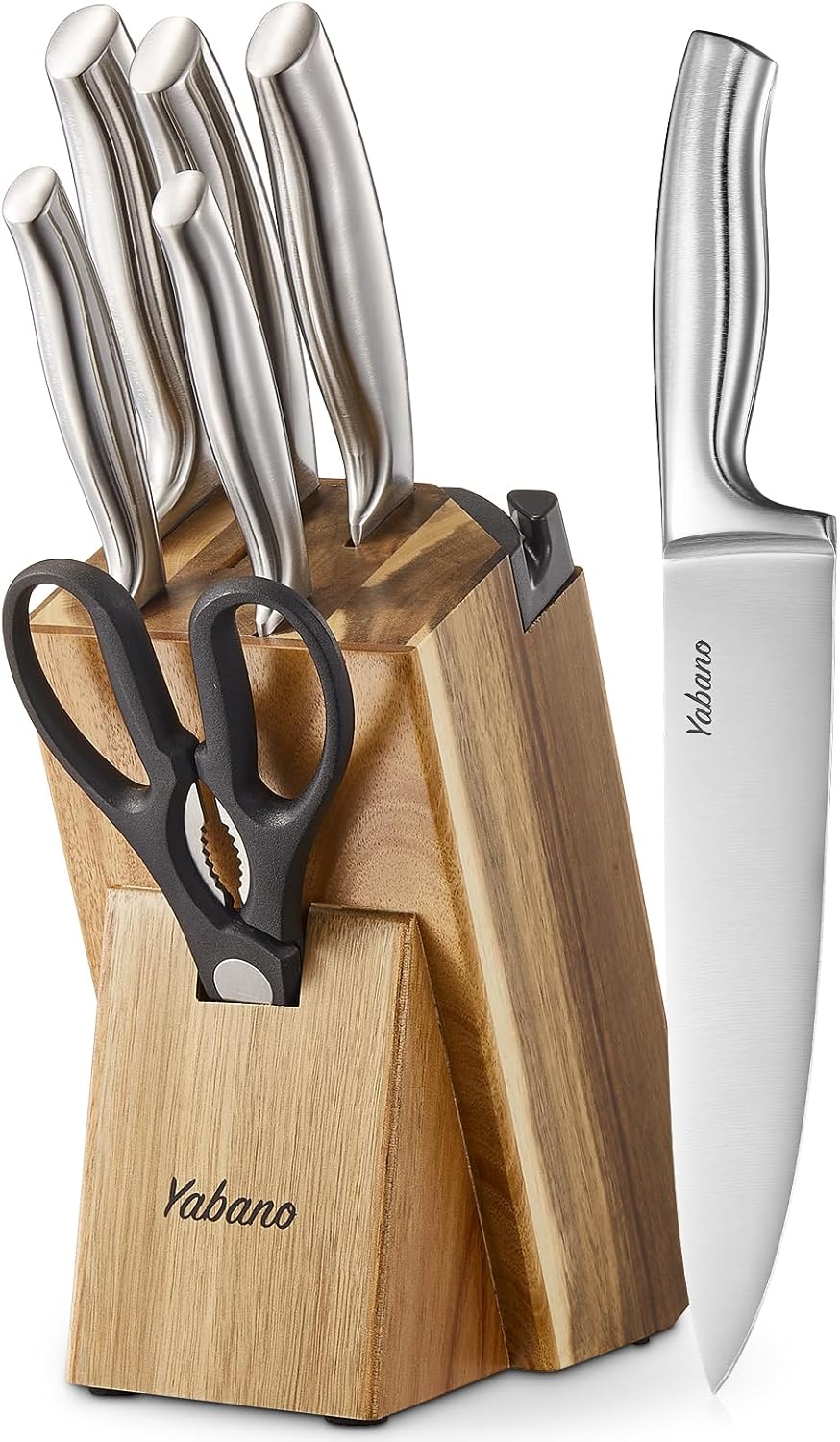 Kitchen Knife Set with Block, 7 Piece German Stainless Steel Knives Set with Built-in Sharpener, Chef Knife Set with Scissors and Acacia Wood Block, Professional Sharp Knives for Home Cooking