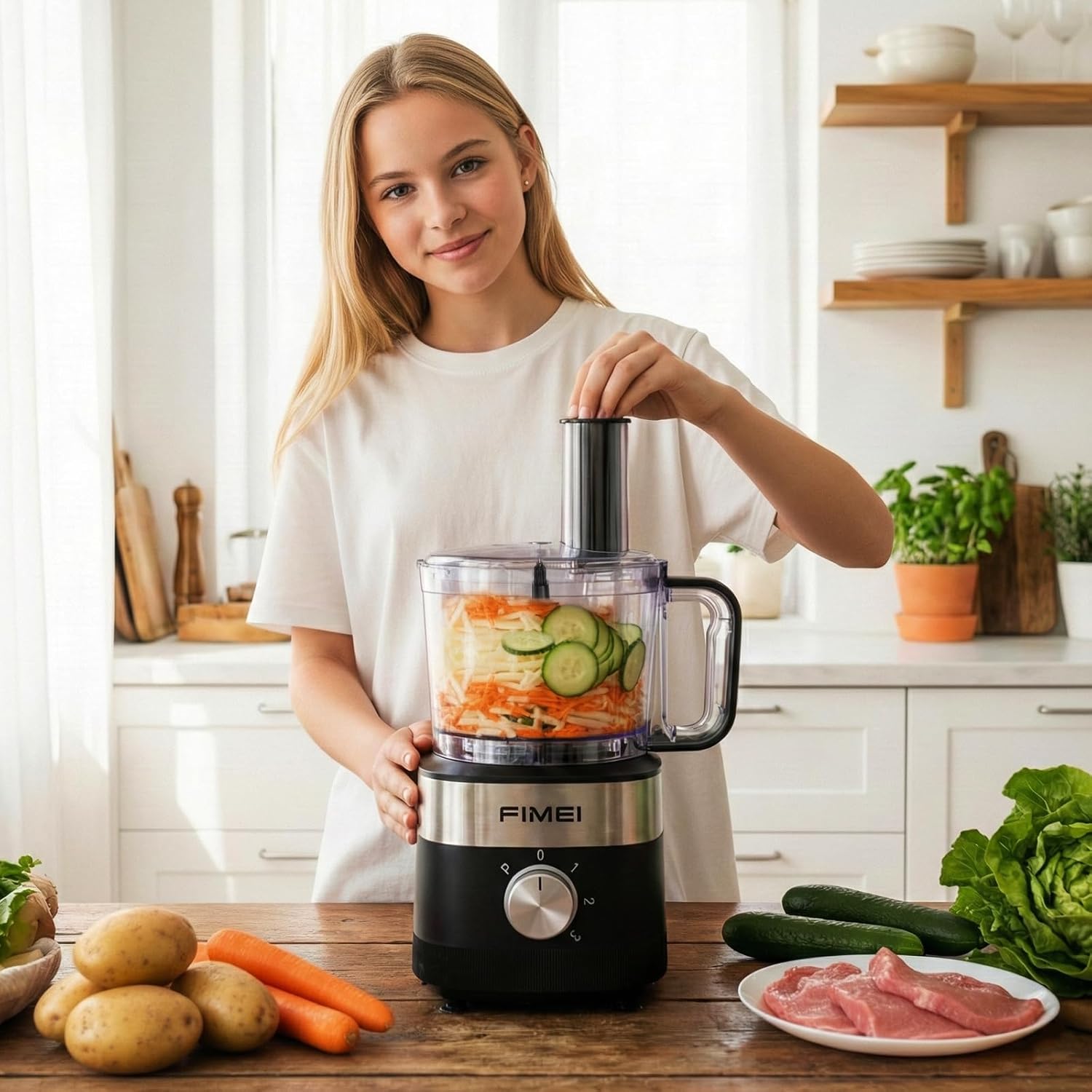 FIMEI Multifunctional Food Processor, 3 Speeds and Pulse Function, 1.5L Chopper, Dough Kneader, Shredder, Reversible Slicer, Emulsifying Disc, Double Lock Protection, Compact and Easy to Store, 800W - Image 7