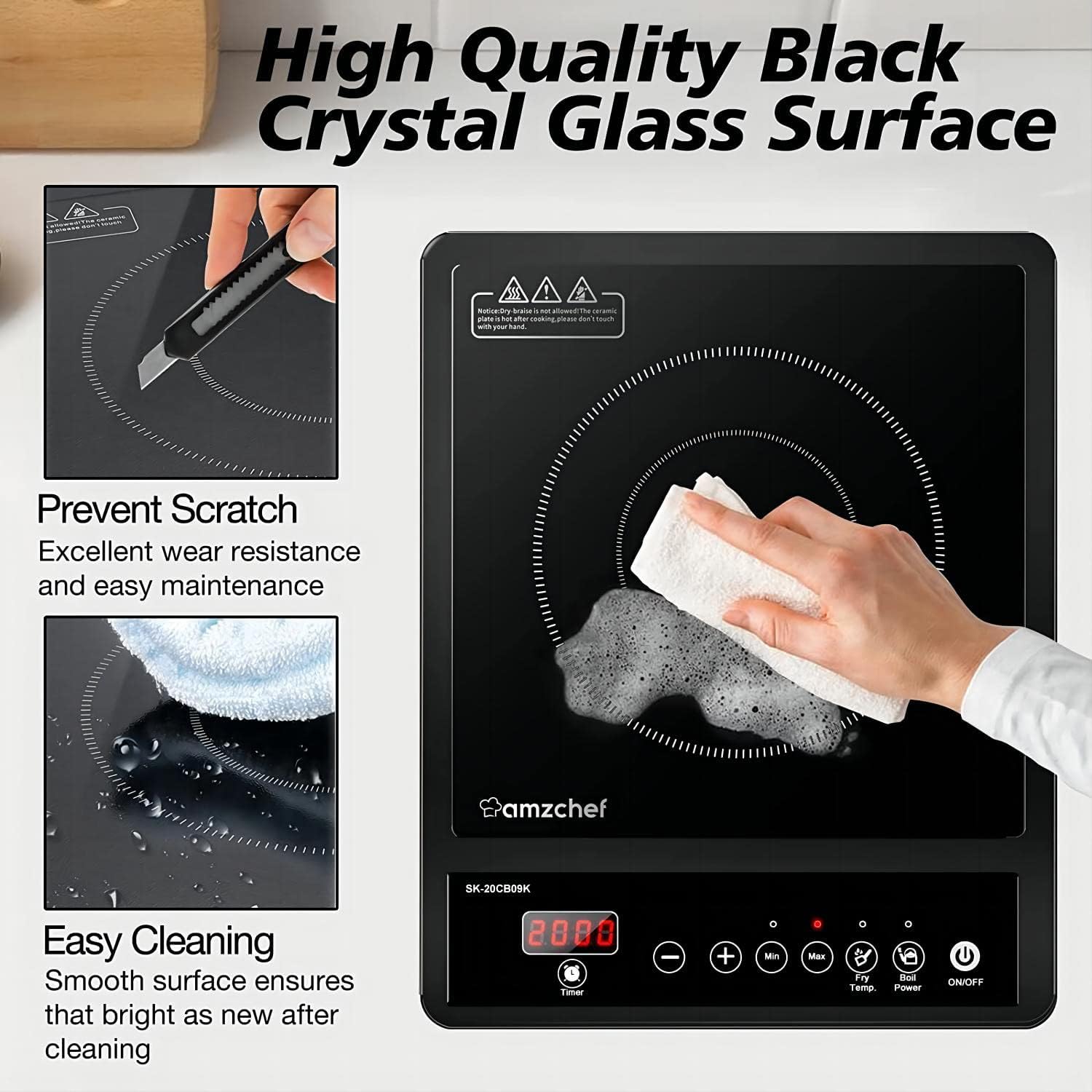 AMZCHEF Single Induction Hob, Portable Induction Hob, 10 Temperature Settings and Power levels from 300W to 2000W, Black Frosted Glass Panel,Sensitive Press Control, 3-hour Timer - Image 6