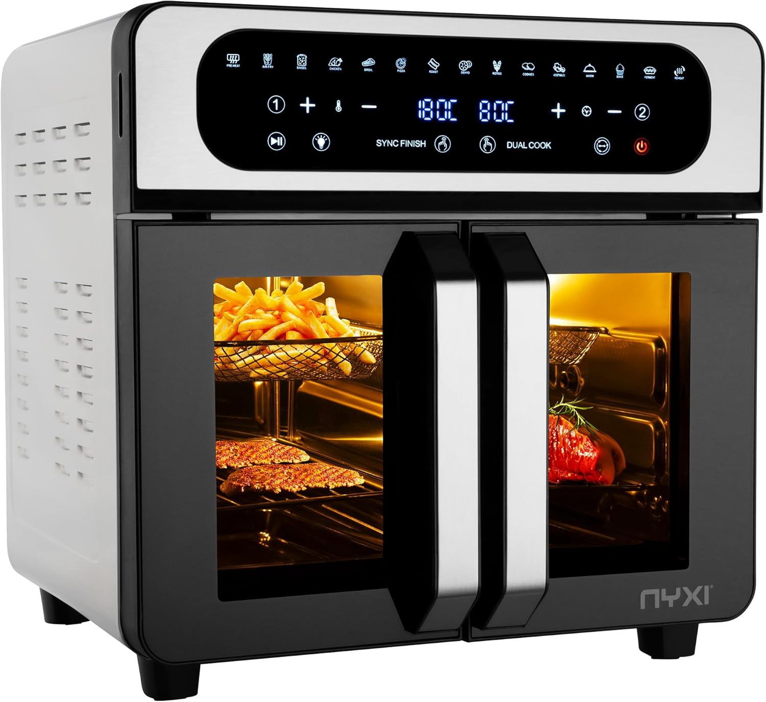 Nyxi 20L Air Fryer Oven with Dual French Glass Doors, Visual Window, 13 Cooking Modes, Digital Control, Adjustable Temperature, Timer, Non-Stick Tray, 12 Accessories, Stainless Steel