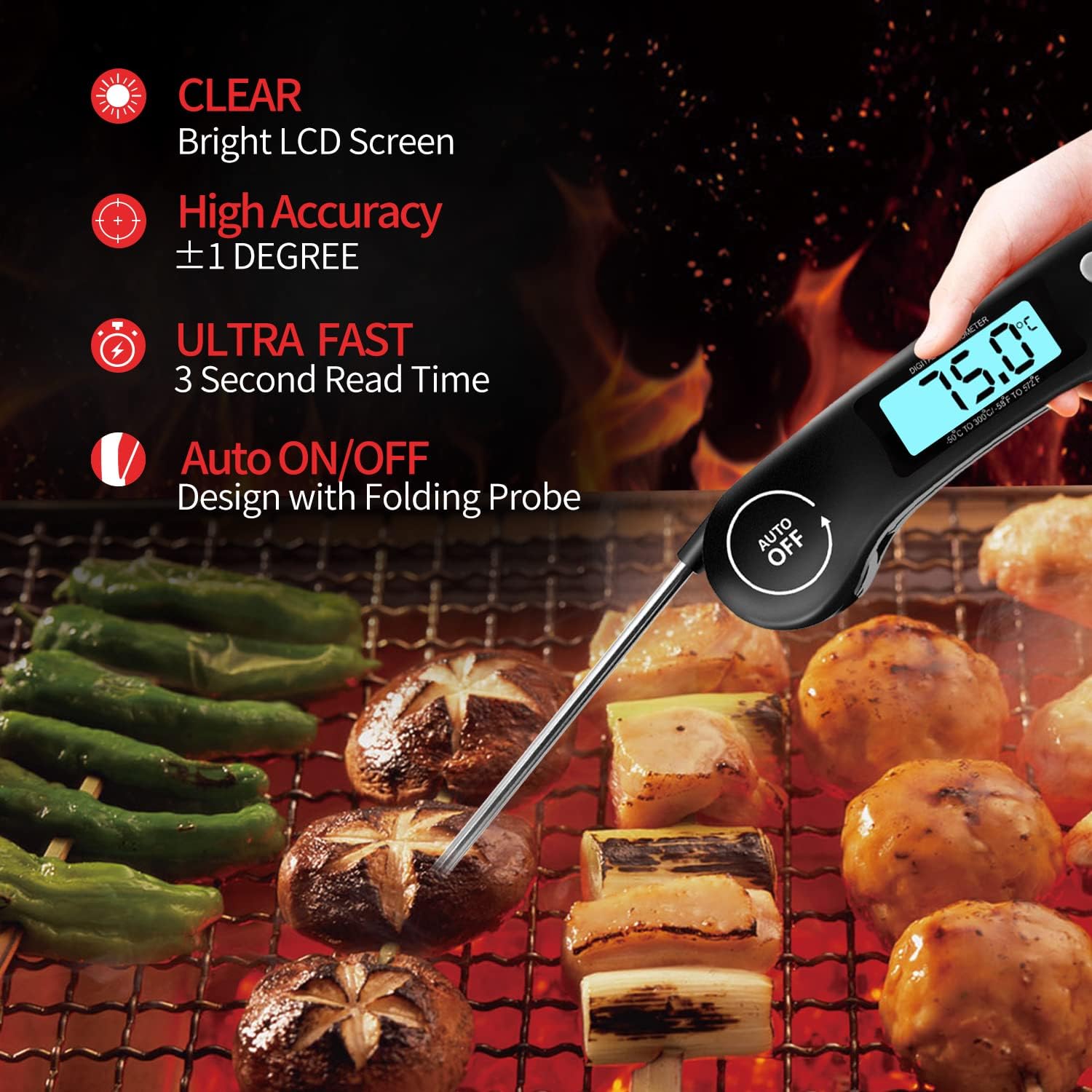 DOQAUS Meat Thermometer, 3s Instant Read Food Thermometer-Backlit LCD, Foldable Probe, Auto On/Off, ±1℃ Accuracy, Food Probe for BBQ Grill, Kitchen Cooking, Milk, Black - Image 4