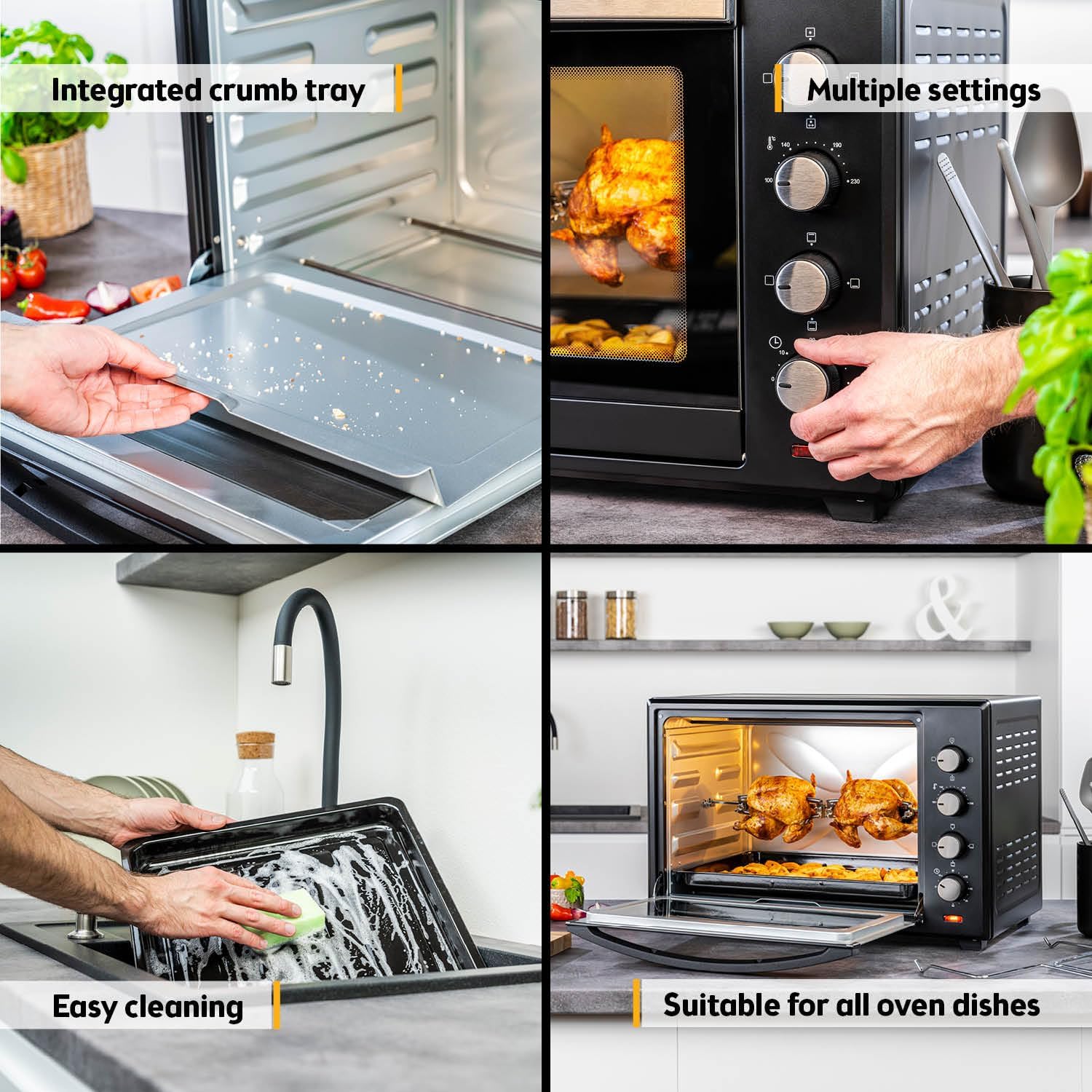 TZS First Austria - Mini Oven 60L 2000W - Small Pizza-Oven temperature control up to 230°C & 6 modes - Baking-Oven with 60 min. timer, 4 rack levels, baking tray, grill rack & rotisserie skewer - Image 7