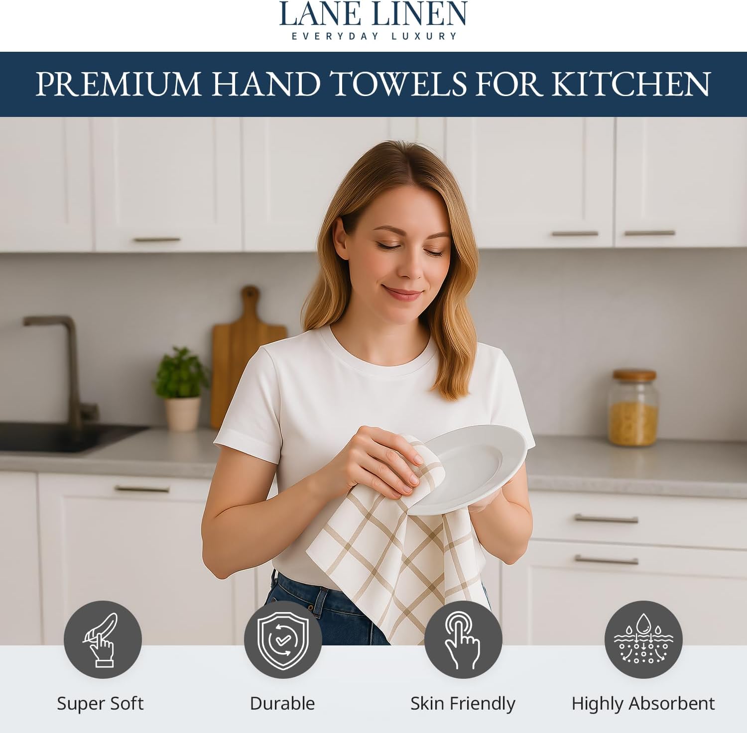 LANE LINEN Tea Towels Set - 6 Pack, 18”x28”, 100% Cotton Kitchen Towels, Absorbent & Quick-Drying Dish Towels Set with Hanging Loop - Beige - Image 2
