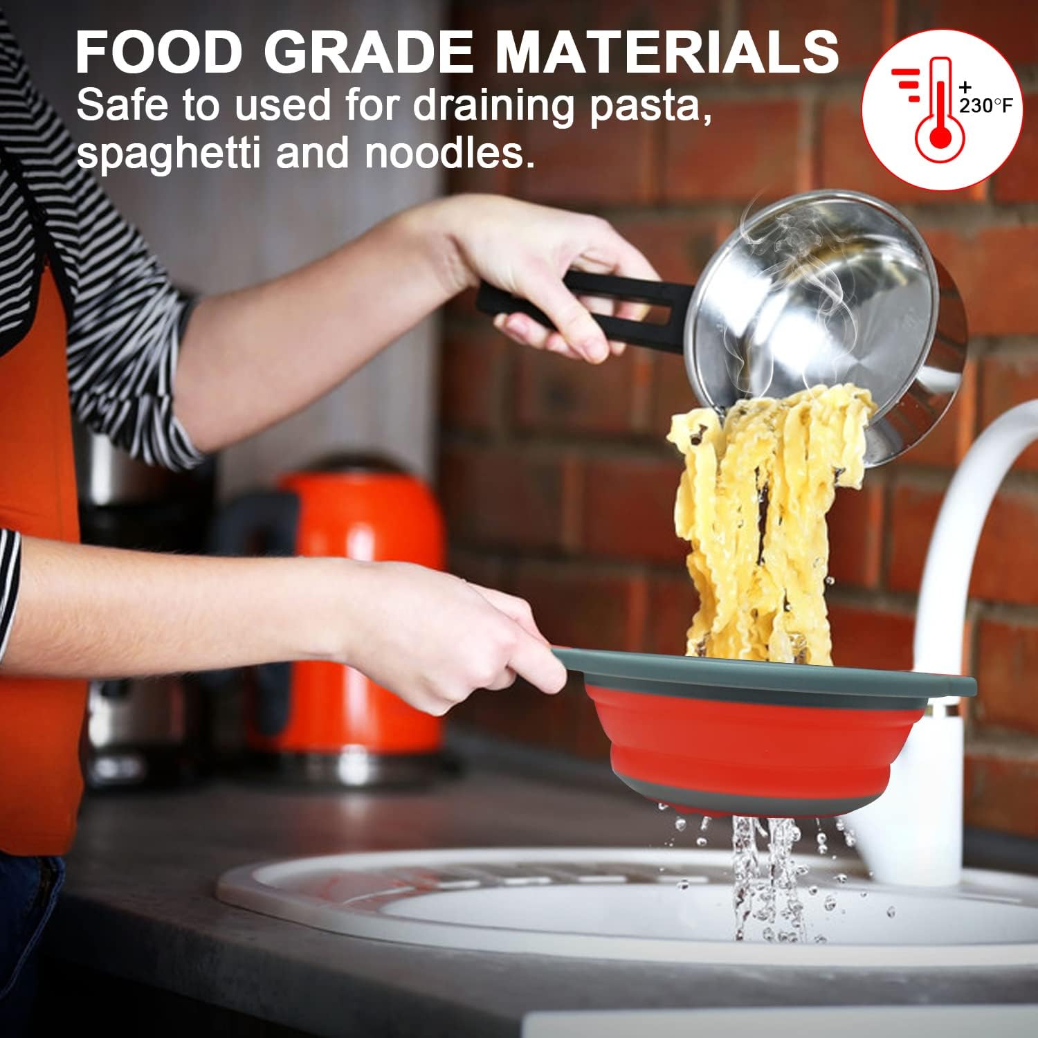 Walfos Silicone Pasta Colander - Collapsible Colander with Handle Set, Set of 2, Space-Saving Kitchen Strainers, 1.5 Quart, 2 Quart, BPA Free & Dishwasher Safe, for Pasta, Vegetables, Fruits (Red) - Image 3