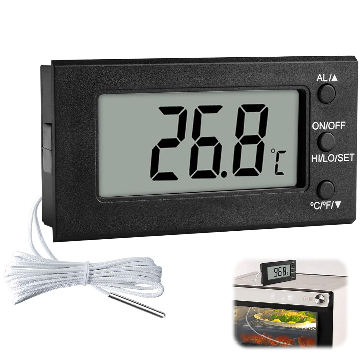 Oven Thermometer Digital 300°C Heat Resistant Temperature Probe for Baking, BBQ, Frying, Meat, Oil & Milk, Instant Read with Timer Alarm, Waterproof LCD Display