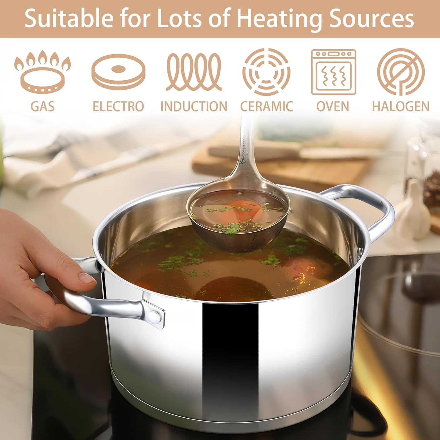 Herogo 7.8L Stock Pot, Stainless Steel Soup Pot with Clear Visible Lid, 26cm Induction Stockpot for Soup, Tri-Ply Bottom for All Stoves, Heavy Duty For Stewing/Cooking, U-shaped Handle, Silver - Image 4