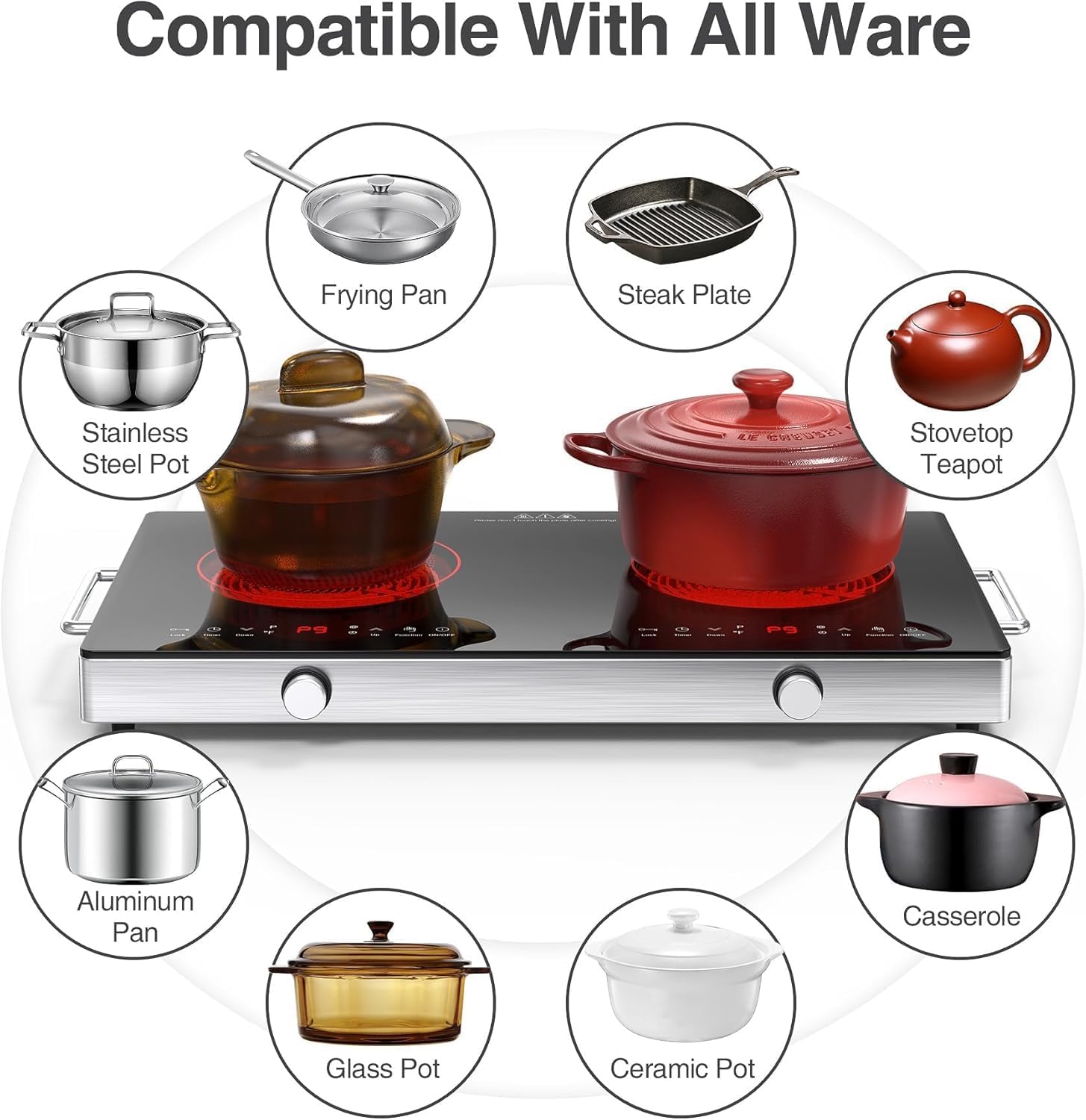 VBGK 2 Ring Electric Hob with Handle, 3520W Ceramic Hob 2 Zone, Double Electric Ceramic Hob Countertop, Safety Lock & 3H Timer, 220V-240V Plug in - Image 5