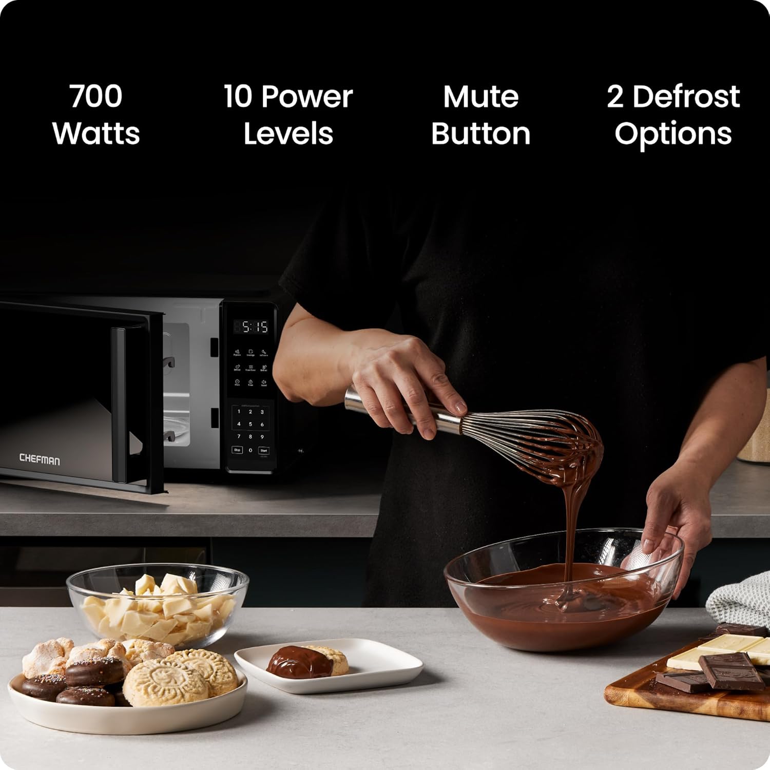 Chefman 20L Countertop Microwave Oven, 10 Power Levels 700W, 3 Cooking Presets with One-Touch Express Cook, Child Safety Lock, & Mute Button - Black - Image 2