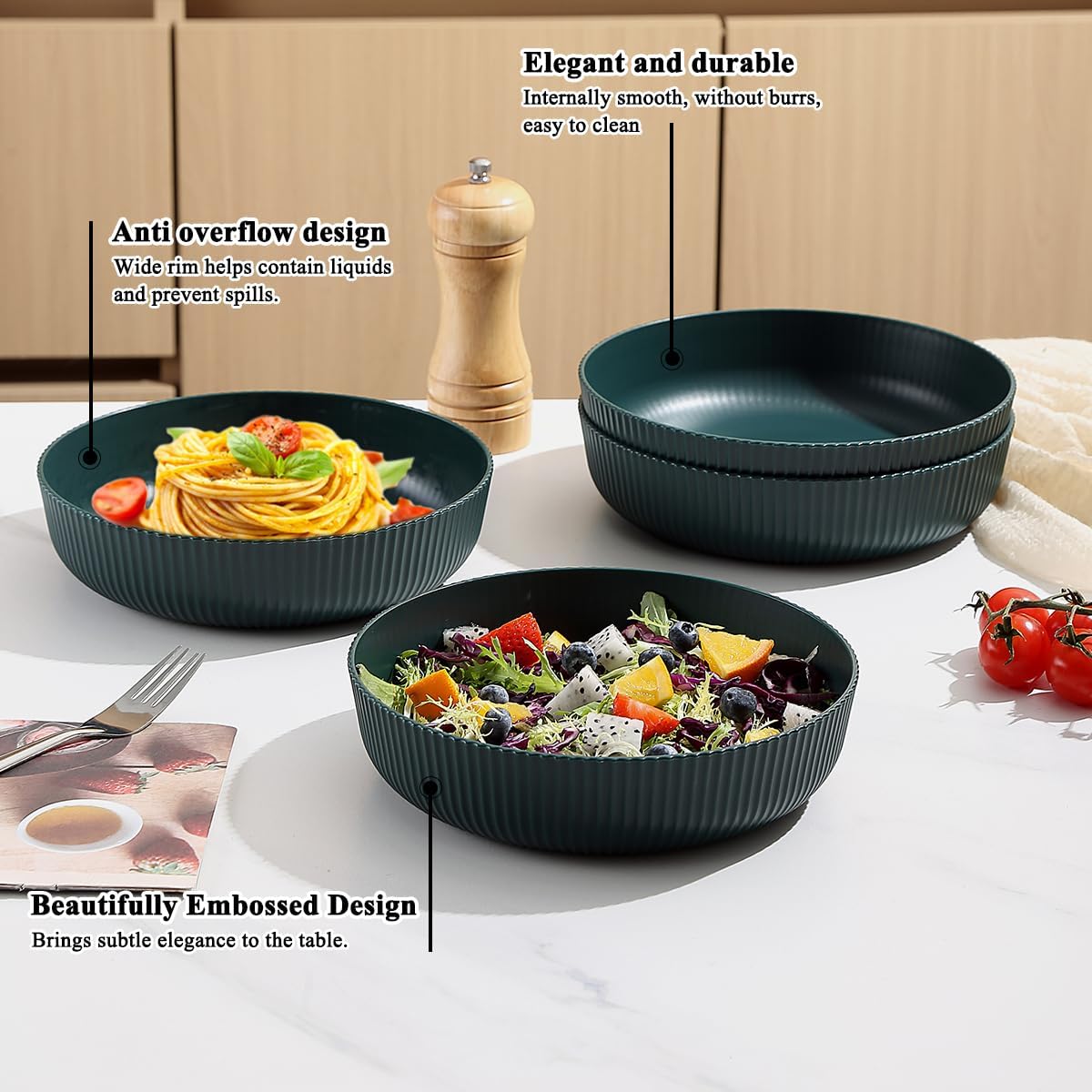 Kyraton Pasta Bowls Set of 4, 1.1L Large Pasta Serving Bowl Plastic Unbreakable Serving Dishes (Dark Green) - Image 5