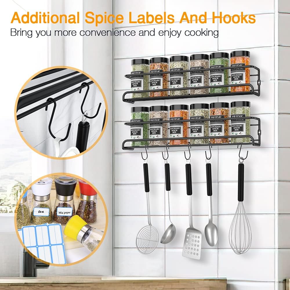 Spice Racks Organiser - 4 Tier Hanging Stainless Steel Wall Mounted with Adhesive Stickers & Screws Kitchen Pantry Shelf for Spices and Condiments, Jars (Black) - Image 7