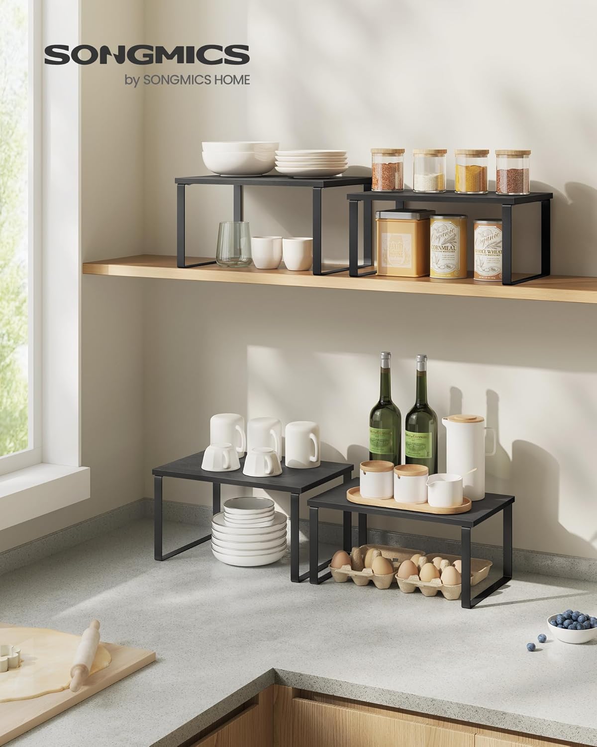 SONGMICS Spice Rack, Set of 2 Cupboard Shelf Organisers, Expandable Kitchen Shelf Organiser, Stackable Spice Holder, Metal and Engineered Wood, Ink Black and Ebony Black KCS02B01 - Image 3