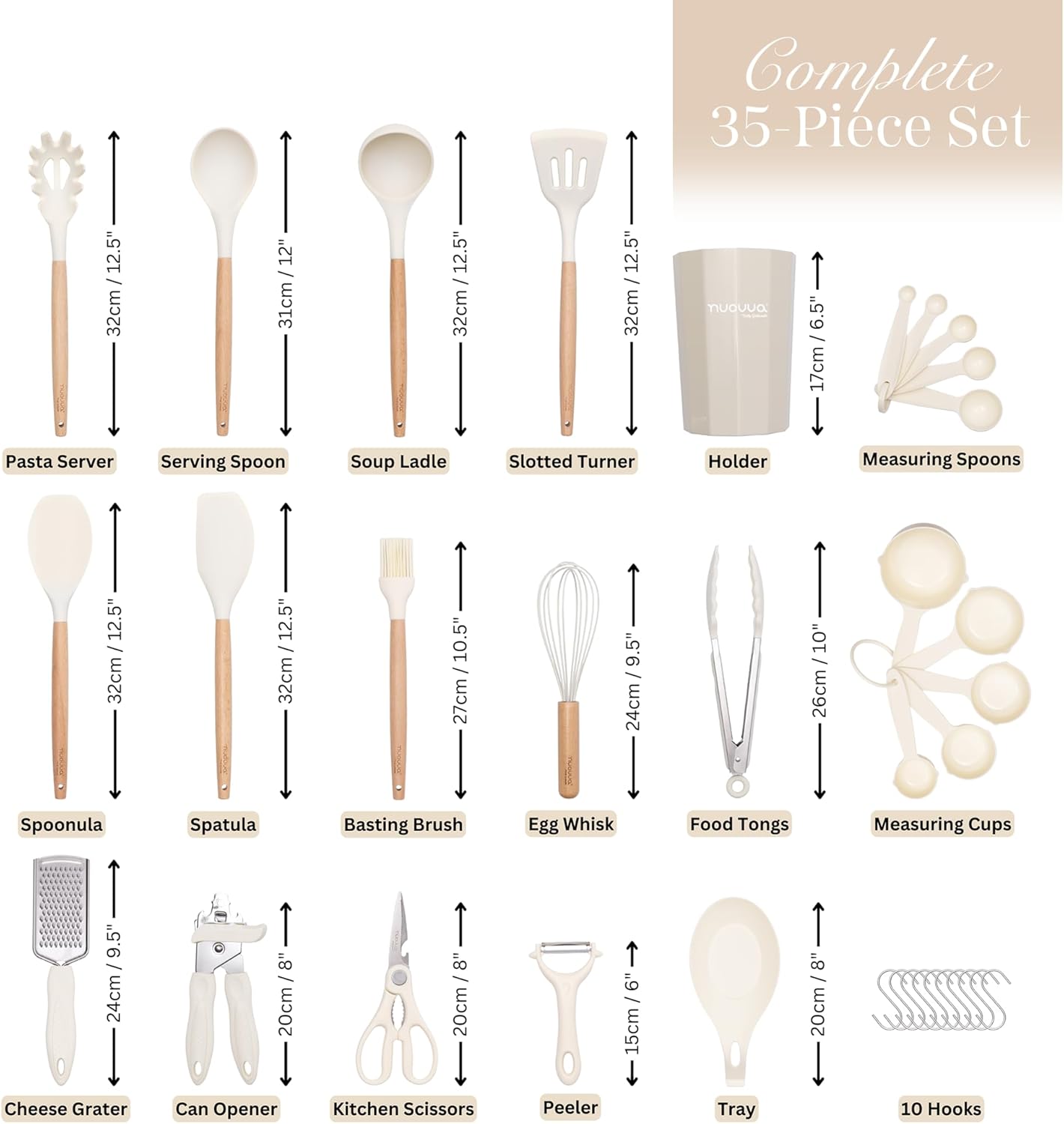 Kitchen Non Stick Cooking Utensils Set – Heat Resistant Silicone Utensils with Wooden Handle – Ladles, Spoons and Spatulas Set – Kitchen Tools & Accessories – 35pcs, Cream – by Nuovva - Image 2