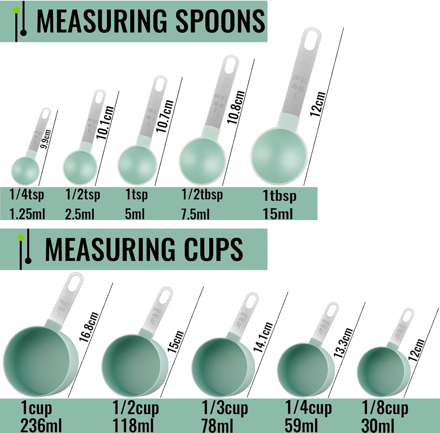 11PCS Measuring Cups and Spoons Set Durable Stackable Measuring Cup and Spoon Set Plastic Measuring Cup and Spoon with Stainless Steel Handle for Baking Liquid and Solid - Image 2