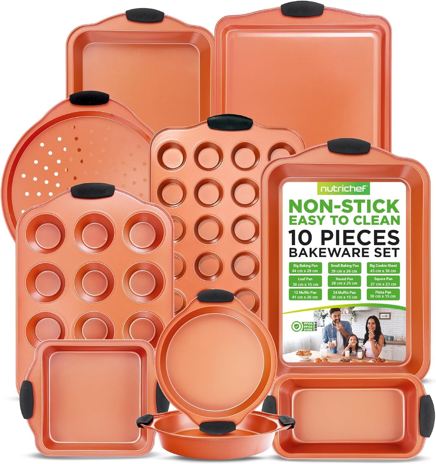 NutriChef Non-Stick Bakeware Set 10-Piece , Premium Carbon Steel Baking Pans with Silicone Handles, Includes Cookie Sheets, Cake, Pizza and Roasting Pans, Non-Toxic Kitchen Cookware Set, Copper