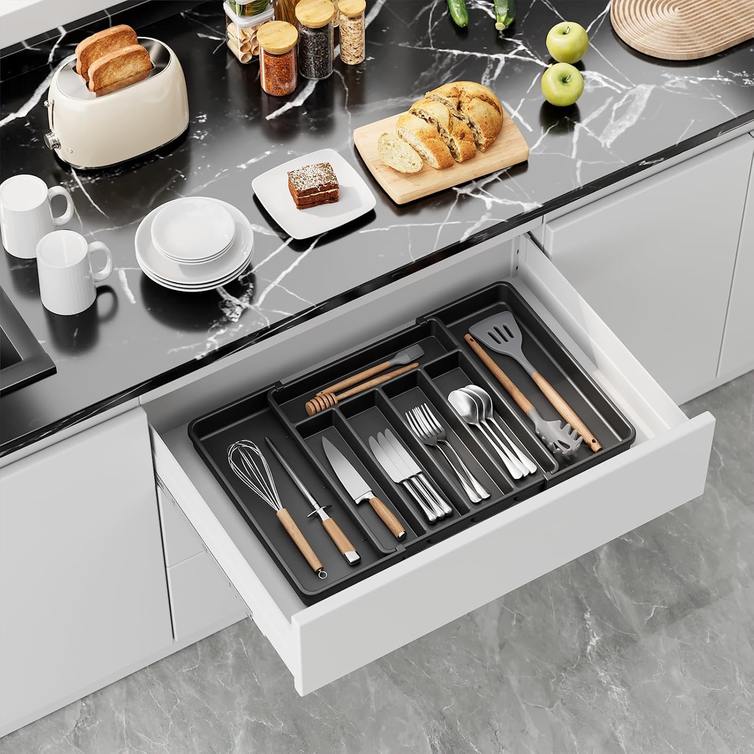 Aujen Cutlery Drawer Organiser - Expandable Kitchen Drawer Storage Organiser, Adjustable Cutlery Tray, Multipurpose Utensil Organisation for Forks, Knives, Black, 34 x 4 x 26~50 cm - Image 8