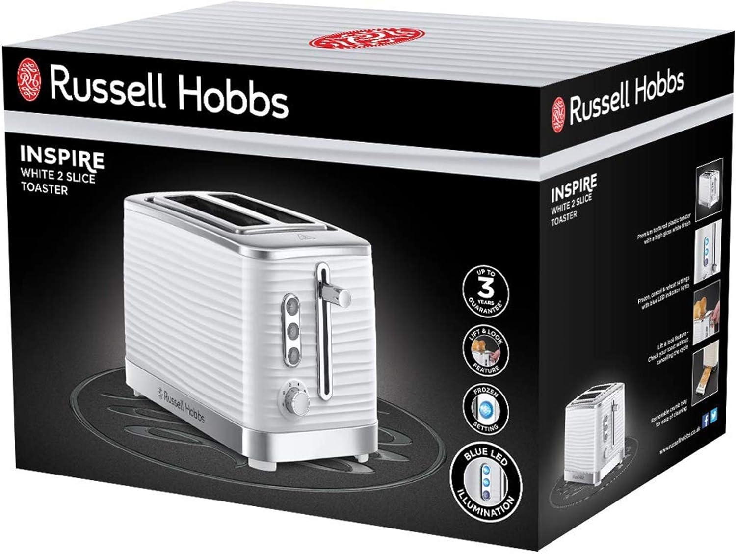 Russell Hobbs Inspire 2 Slice Toaster (Extra wide slots, High lift feature, 6 Browning levels, Frozen/Cancel/Reheat function with Blue LED illumination, 1050W, White textured high gloss) 24370 - Image 8