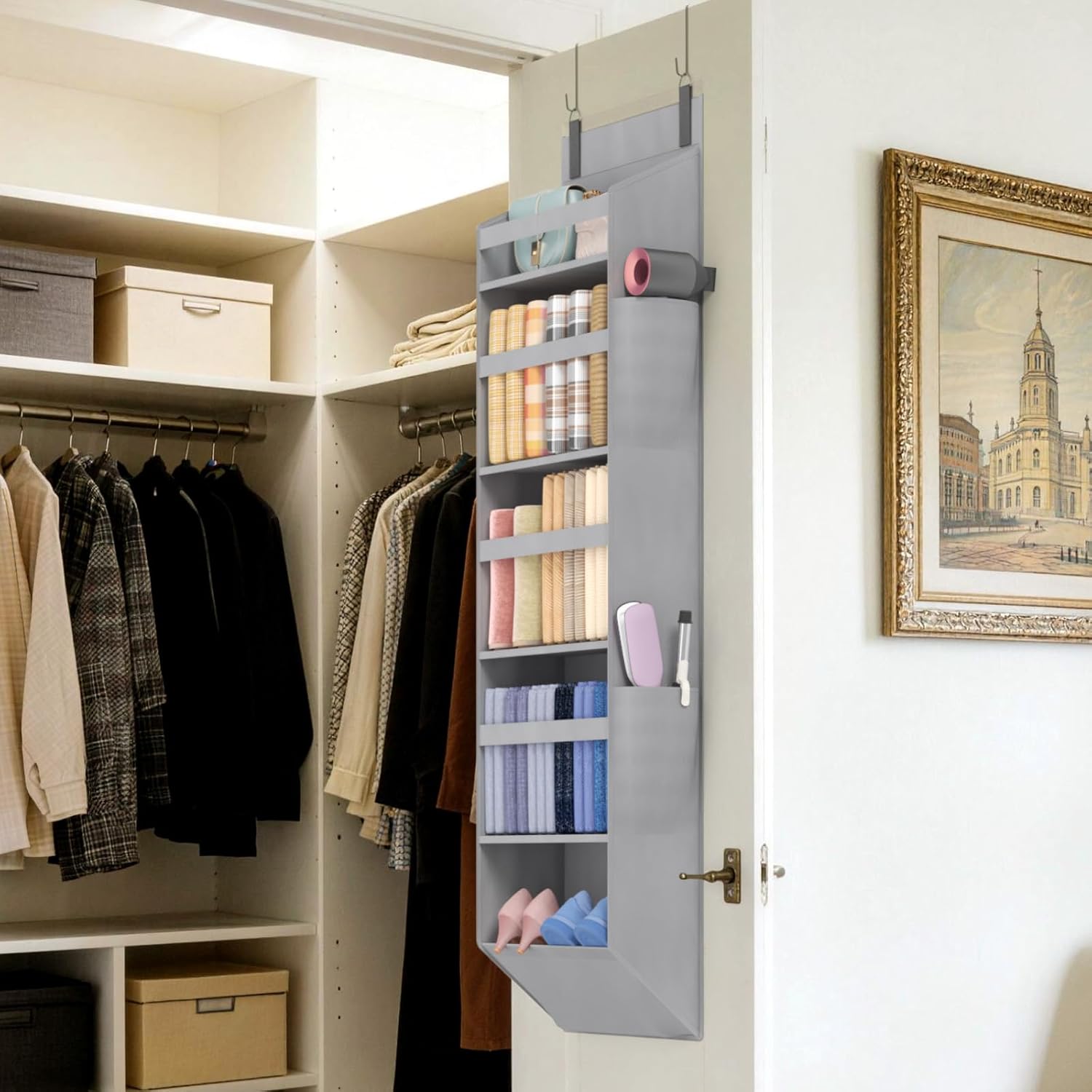 Lifewit Over the Door Storage, Clear Hanging Organiser with 4 Side Pockets, Anti Tilt 40 lbs Load Behind Door for Dorm, University Essentials, Room, Bedroom, Nursery, Light Grey, 5 Shelf, 1 Pack - Image 2