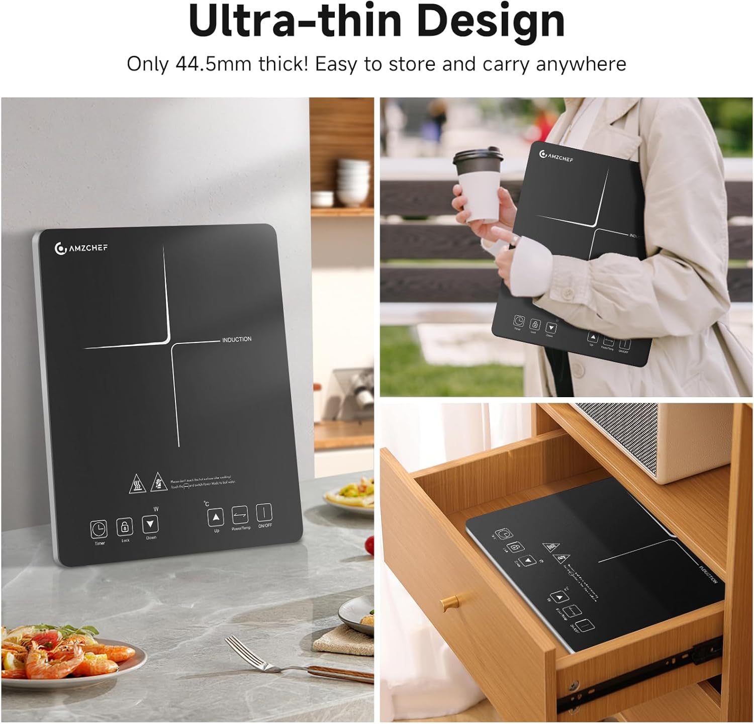 AMZCHEF Single Induction Cooker, Ultra-thin Induction Hob with Fashion Look, 10-level Power and Temperature Control, Black Frosted Glass Panel, Touch Sensor, 3-hour Timer, Safety Lock - Image 6