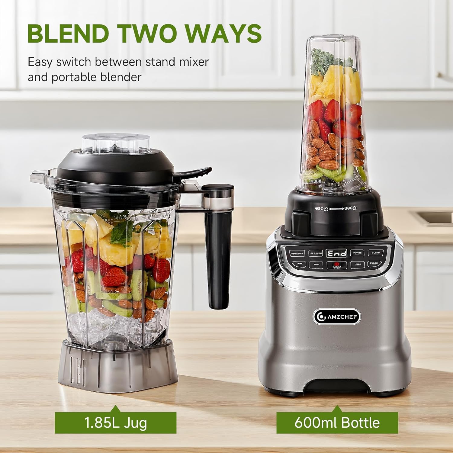 AMZCHEF Blender Smoothie Maker with Two Ways, 1800W Blenders for Kitchen with Smart Panel Control, 3 Speed Control & 4 Preset Settings, 1.85L Jug & 600ml Portable Bottle - Image 2