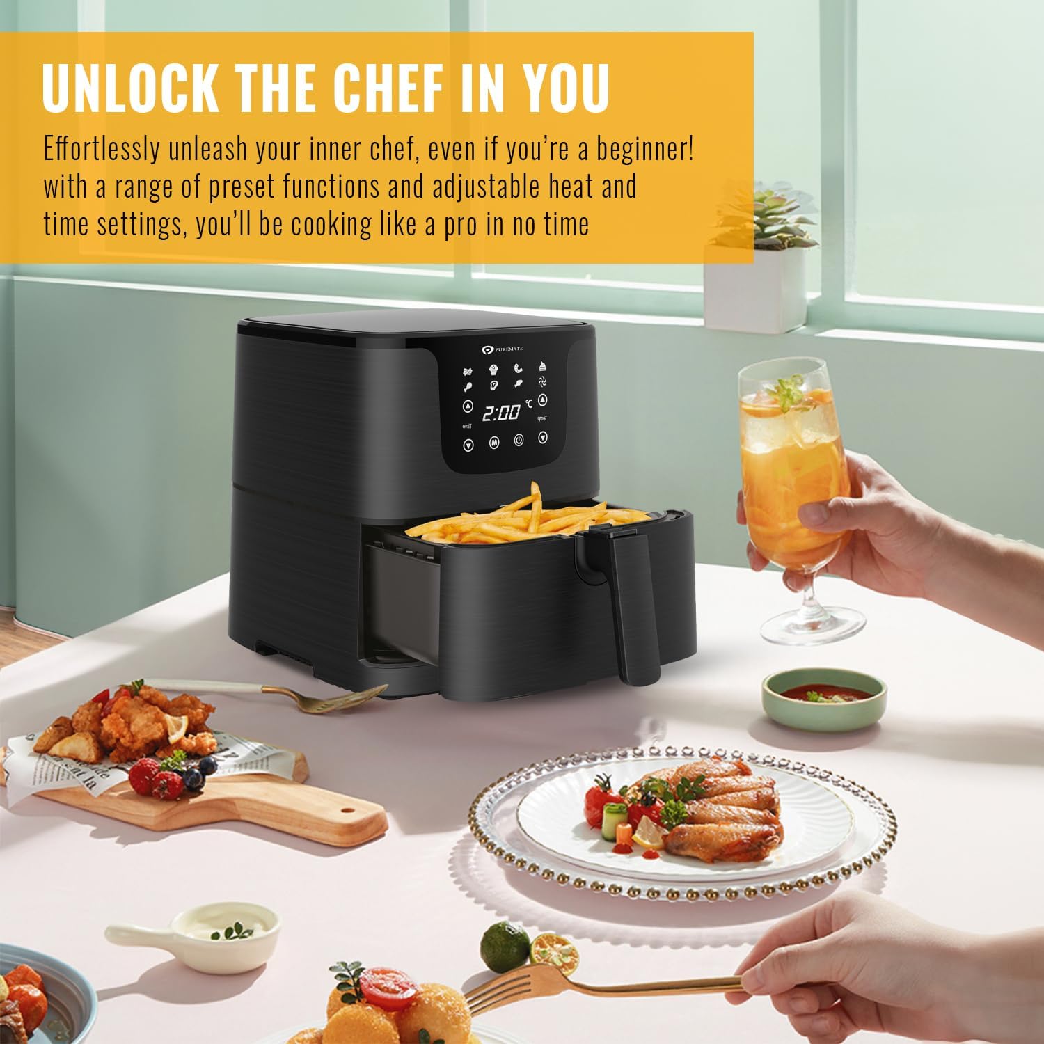 PureMate Air Fryer with Digital Display & Recipes Book, 5.5L Healthy Oil Free 1700W Air Fryer with 7 Preset, LED One Touch Screen, Timer & Adjustable Temperature Control - Image 7