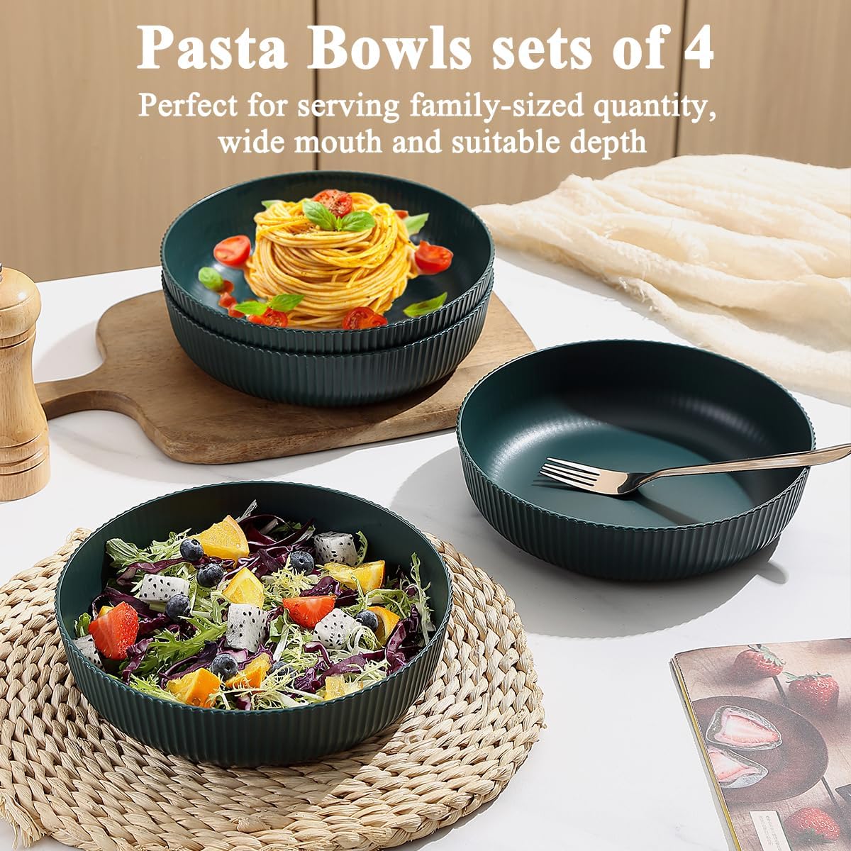 Kyraton Pasta Bowls Set of 4, 1.1L Large Pasta Serving Bowl Plastic Unbreakable Serving Dishes (Dark Green) - Image 3