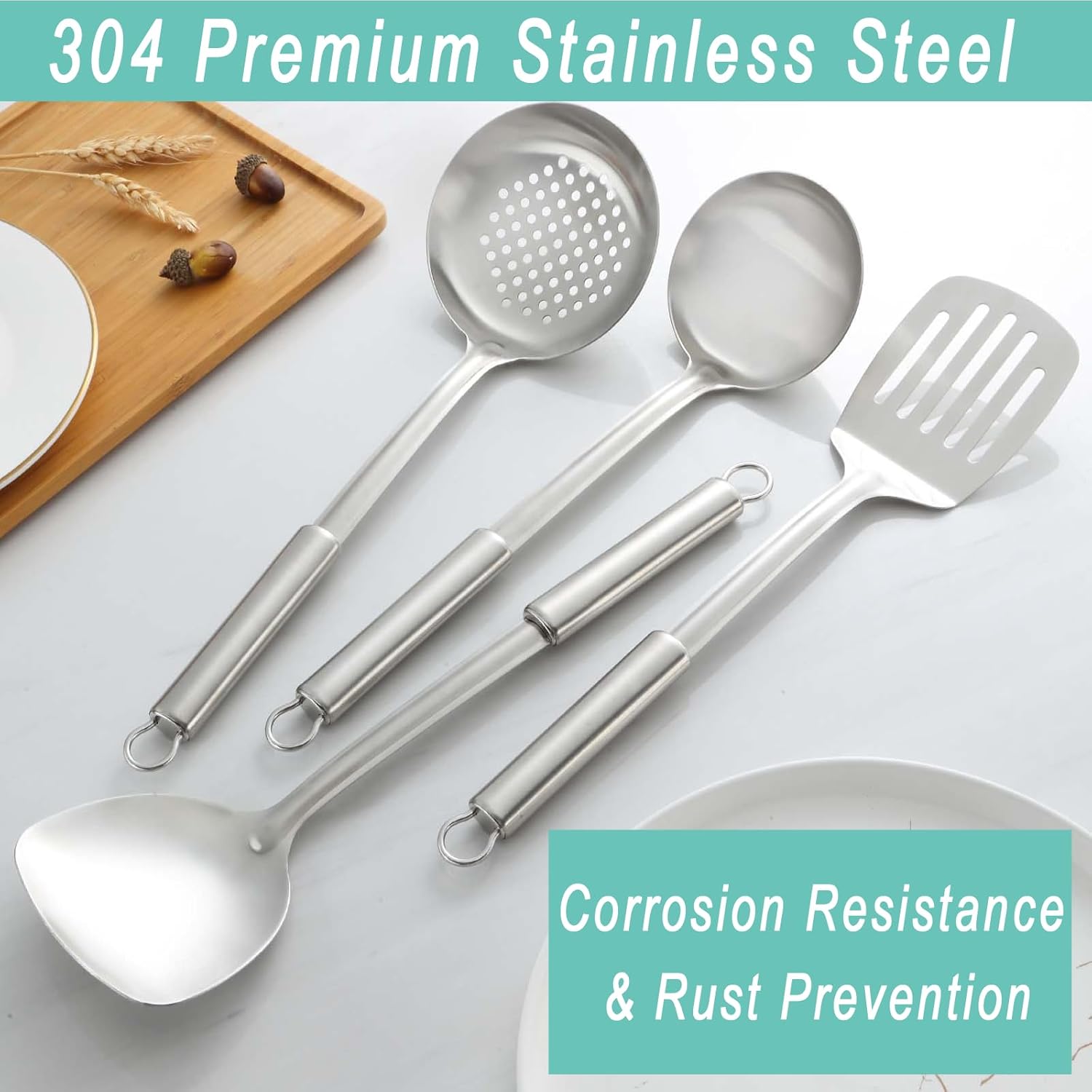 Pleafind 4-Pcs Kitchen Utensils Set, Stainless Steel Cooking Utensils Set, Utensils Set Include Wok Ladle, Slotted Spoon, Wok Spatula and Slotted Spatula, Dishwasher Safe - Image 6