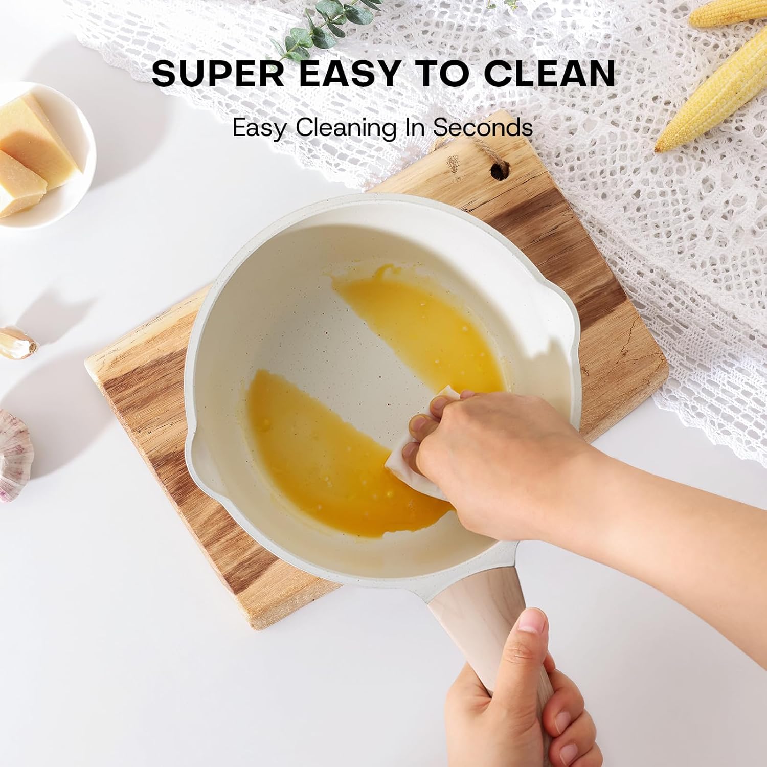 Kordisen Sauce Pan Set with Lid, 16cm+ 20cm Nonstick Cooking Pots with Pour Spout, Easy to Clean, Small Kitchen Induction Saucepan with Ceramic Coating, PFOA/PFOS Free (Cream) - Image 5