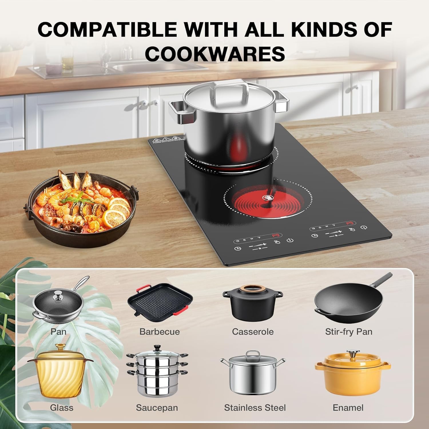 VBGK Double Ceramic Hob 3000W, Plug in 2 Ring Electric Hob with LCD Touch Control, Electric Cooktop with Safety Lock & Timer, 9 Power Levels, Built-in and Countertop 220V-240V - Image 3