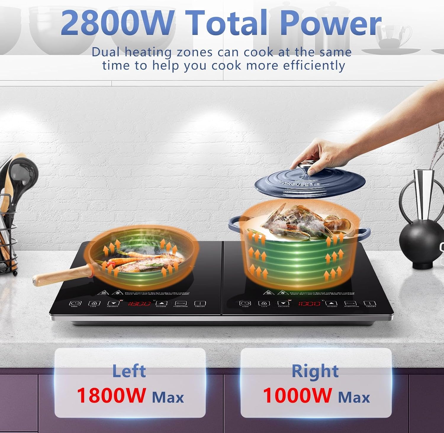 AMZCHEF Double Induction Hob, Portable Induction Cooker with Ultra-Thin Body, Independent Control, 10 Temperature Levels, Multiple Power Levels, 2800W, 3-Hour Timer, Safety Lock - Image 2
