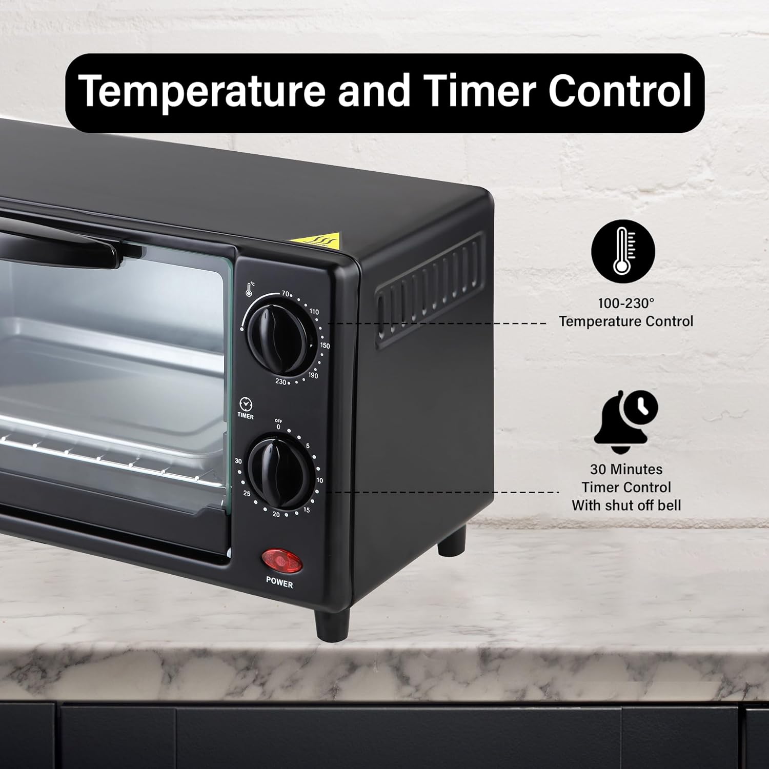 Belaco Mini 9L Toaster Oven Tabletop Cooking Baking Portable Oven 650w 100-250° Stainless steel heating tube incl. baking tray & wire rack - Image 3
