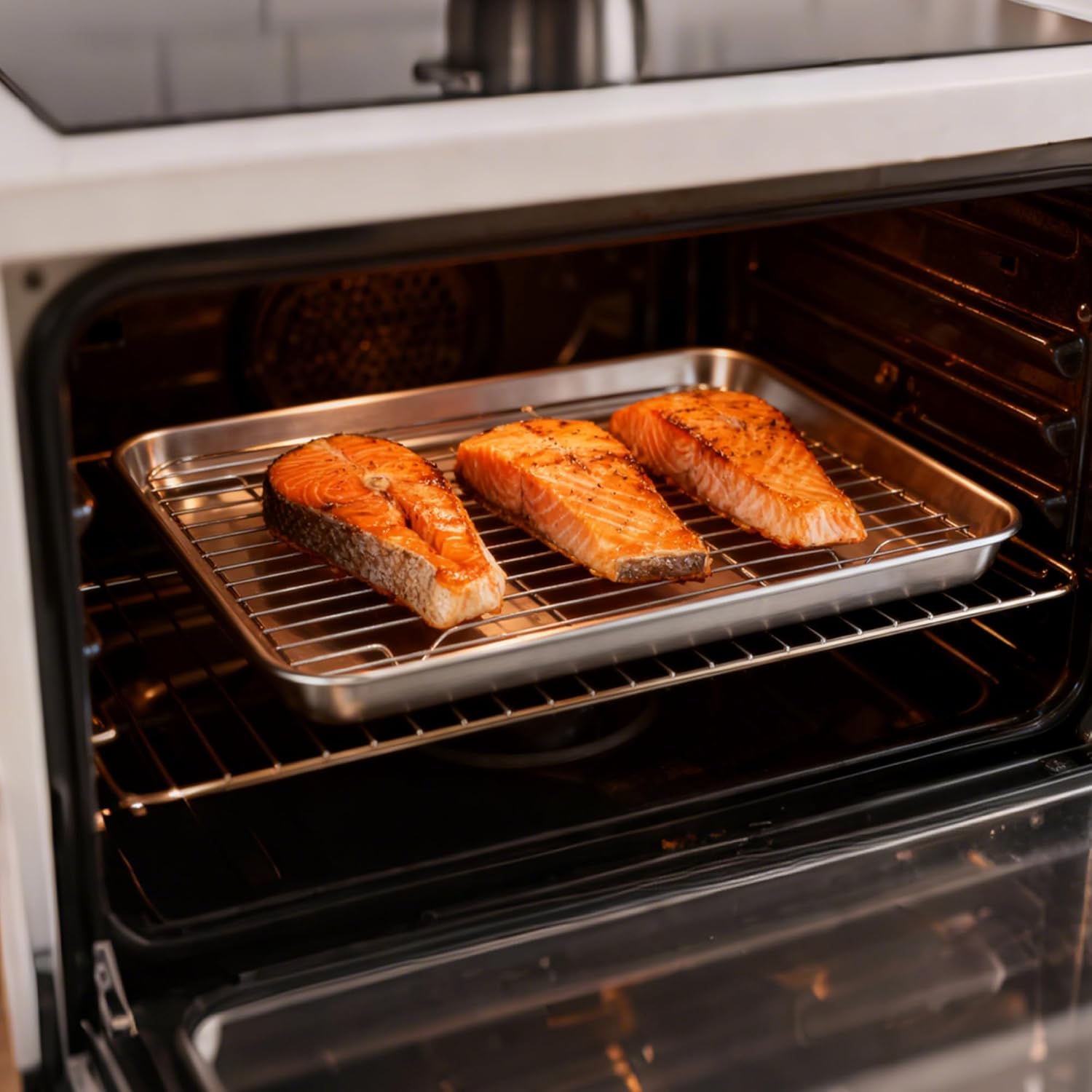 Fire More Baking Tray with Wire Rack, Stainless Steel Cookie Sheet Pan Set, 2 Sets Baking Pans with Cooling Rack for Oven Cooking, Size 23.5 x 17.5 x 2.5 cm - Image 9