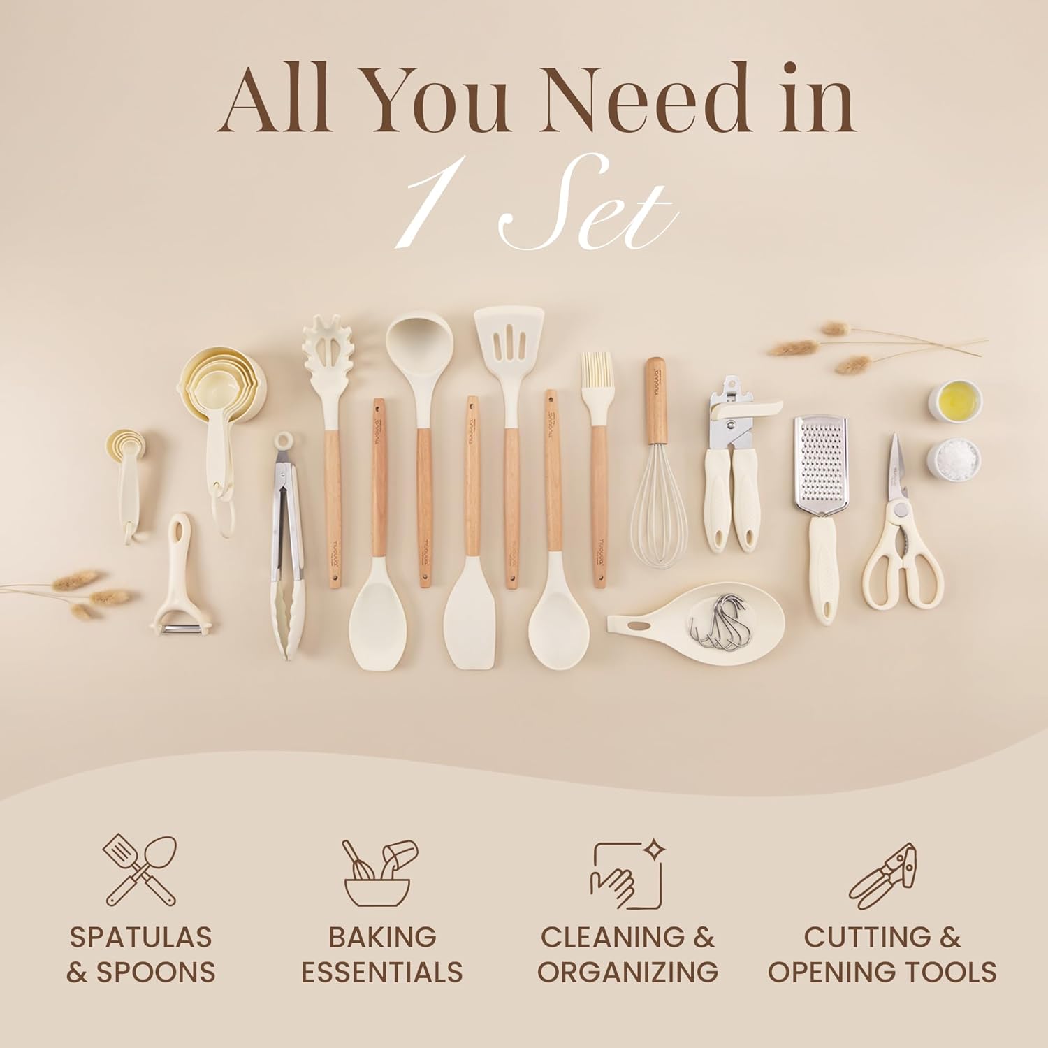 Kitchen Non Stick Cooking Utensils Set – Heat Resistant Silicone Utensils with Wooden Handle – Ladles, Spoons and Spatulas Set – Kitchen Tools & Accessories – 35pcs, Cream – by Nuovva - Image 4