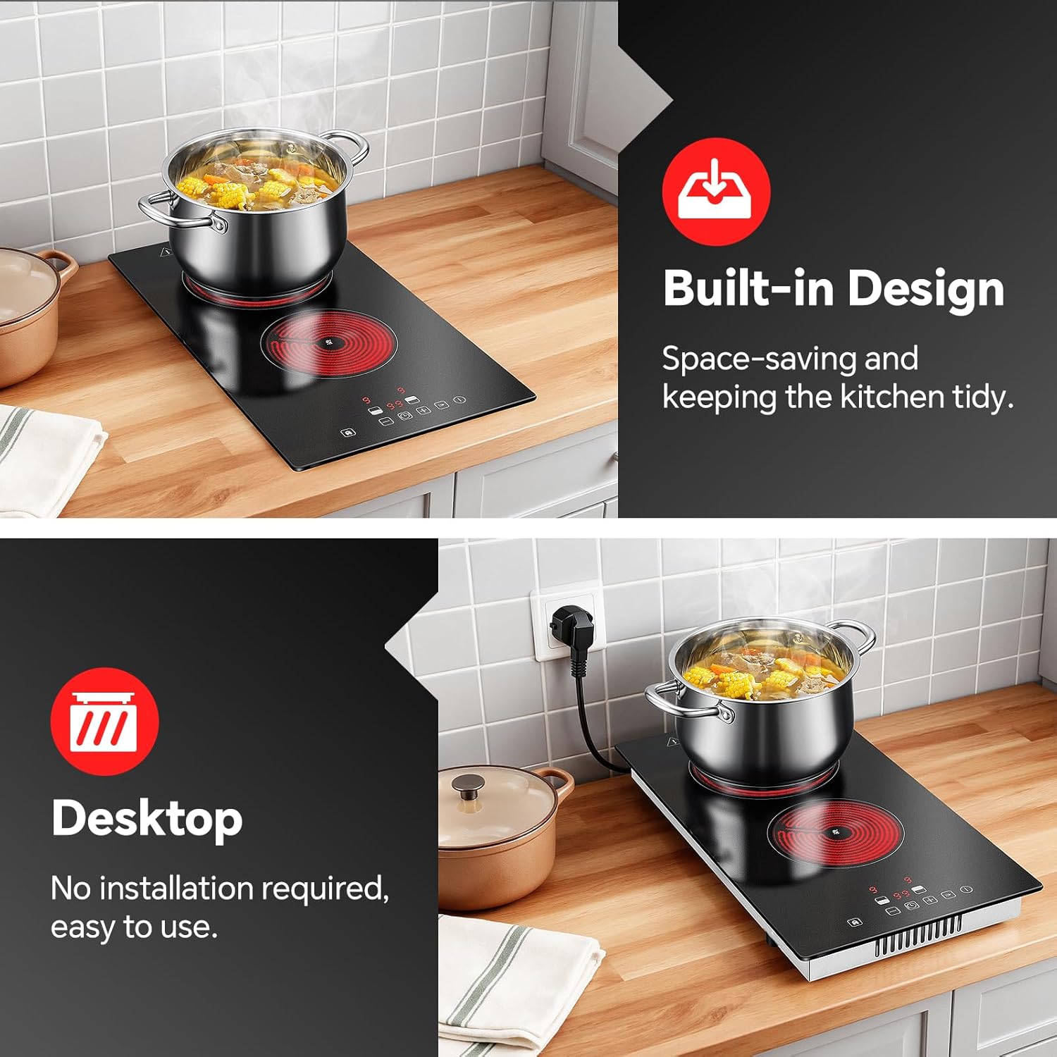 Ceramic Hob 2 Zones, Electric Plug in Hob 30cm 2 Burners, 2800W, 9 Power Levels, 1-99 min Timer, Residual Heat Indicator, Child Safety Lock, Compatible with All Pans & Pots - Image 7
