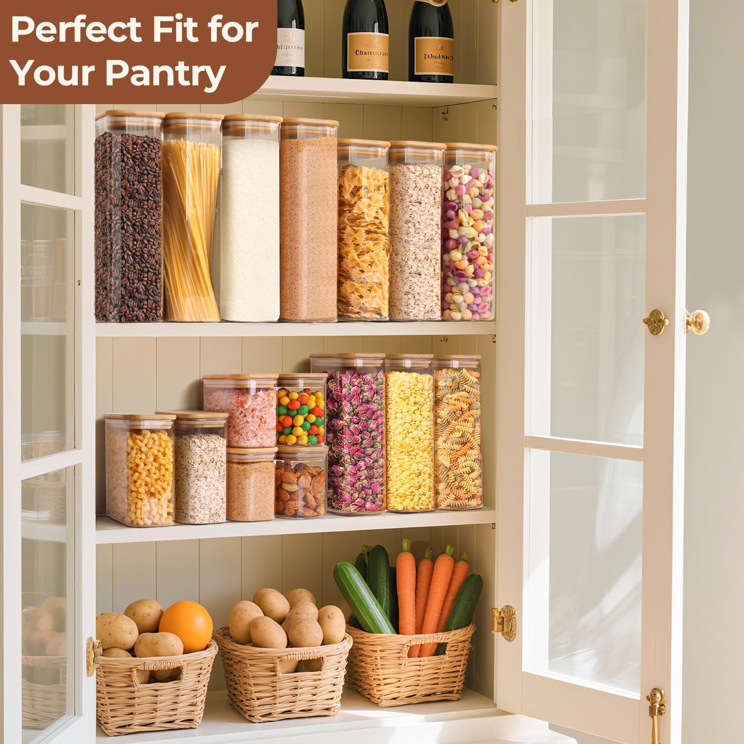 ComSaf 2.1L Rectangle Glass Storage Containers with Lids, Glass Jars with Bamboo Lids, Clear Food Storage Jar, Tall Spaghetti Container, Pantry Storage Container for Pasta Flour Oats Nuts Rice - Image 5