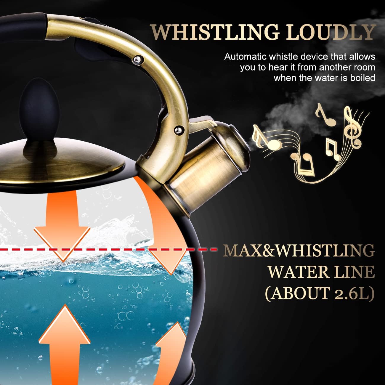 SUSTEAS Stove Top Whistling Tea Kettle-Surgical Stainless Steel Teakettle Teapot with Cool Touch Ergonomic Handle, With 1 Silicone Pinch Mitt Included,3L (Black) - Image 3