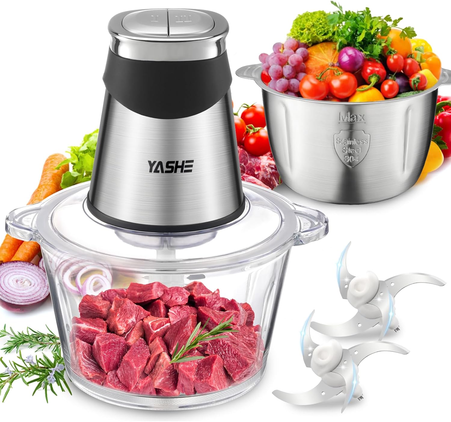 YASHE 1.8L+2L Electric Food Processors & Chopper with Glass and Stainless Steel Bowl,500W Meat Grinder with 2 Speeds, 2 Sets of Blades