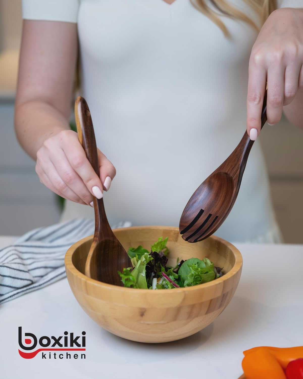 Wooden Spoons for Cooking Set of 6 - Teak Wood Kitchen Utensil Set, FSC Certified Non Toxic Wooden Cooking Utensils with Spatula Mixing Spoon Ladle and Salad Fork for Nonstick Pans by Boxiki Kitchen - Image 6