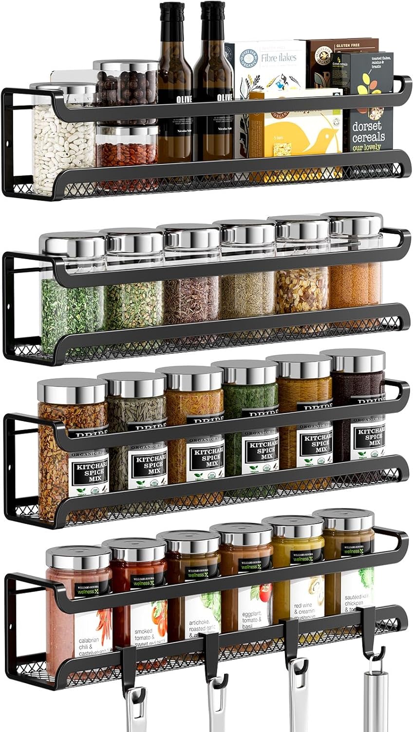 Spice Rack Wall Mounted 4 Pack, Inside Cupboard Spice Organiser with Moveable 4 Hooks, Adhesive and Screws – Seasoning Organizer for Kitchen Door Storage(Black)