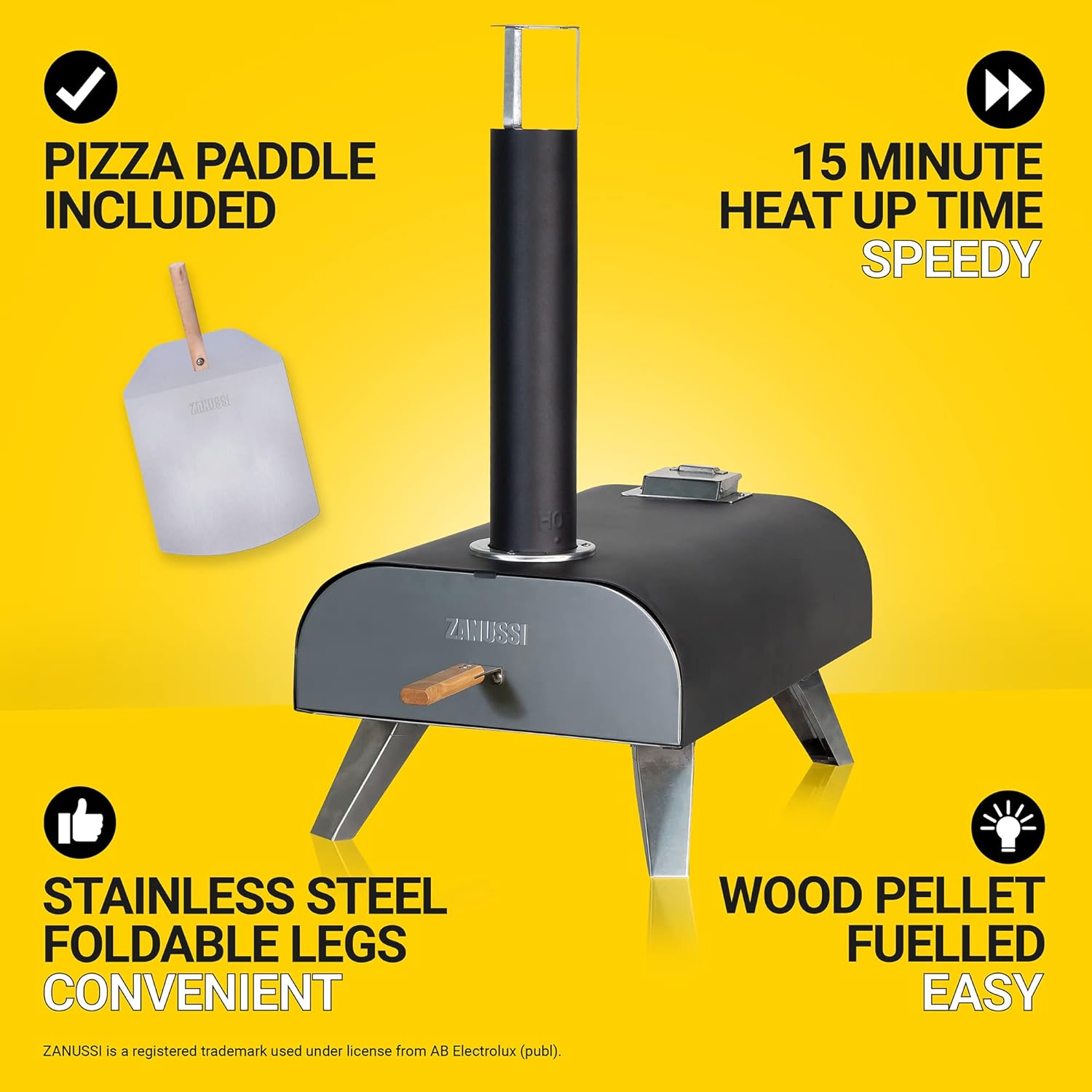 Zanussi ZPO1BPC Outdoor 12 Inch Wood Pellet Portable Wood Fired Pizza Oven with Paddle and Cover in Black, BBQ Oven & Smoker, Stainless Steel Foldable Legs - Image 2