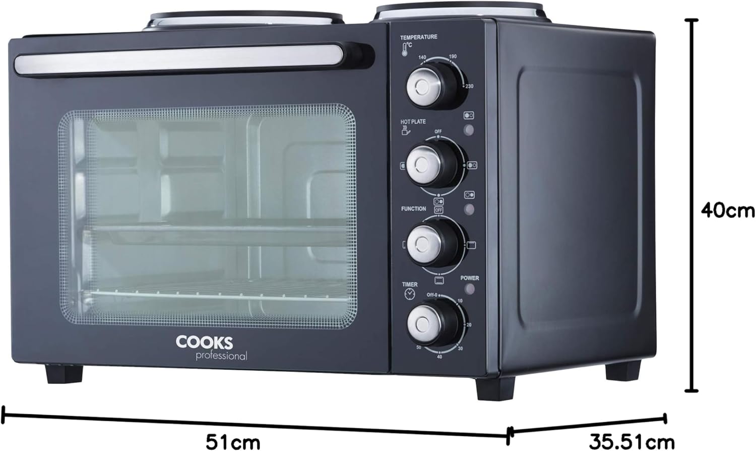 Cooks Professional Mini Portable Oven with Hobs | Energy Efficient Electric Countertop Cooker with Two Hot Plate Hobs & Wire Rack Baking Tray | Kitchen Table Ovens | 34L Capacity | Black and Silver - Image 10
