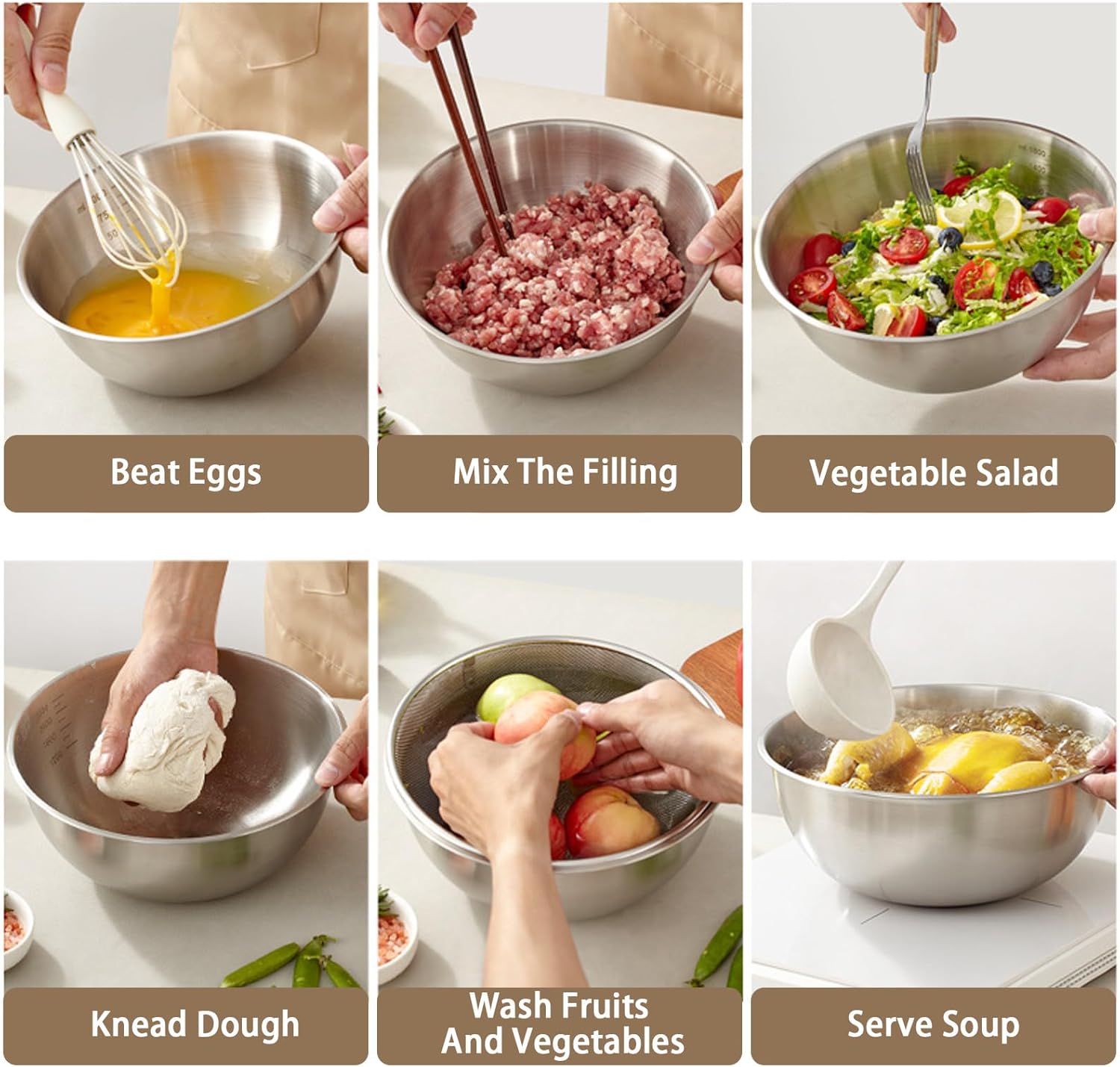 Stainless Steel Mixing Bowls Set,3 Pcs (23cm/20cm/17cm),Duty One-Piece Construction,Non-Slip Bottom,Brushed Finish,Ideal as Mixing Bowls for Baking,Dough Kneading,Salad & Food Prep - Image 6