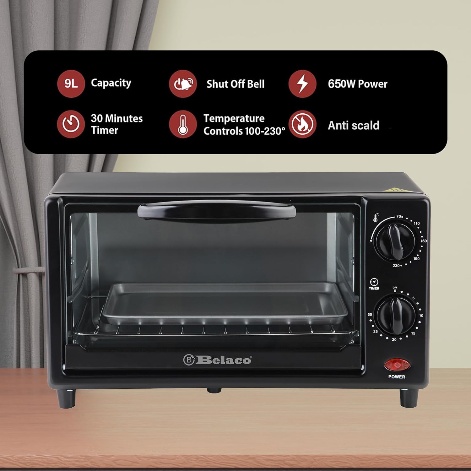 Belaco Mini 9L Toaster Oven Tabletop Cooking Baking Portable Oven 650w 100-250° Stainless steel heating tube incl. baking tray & wire rack - Image 2