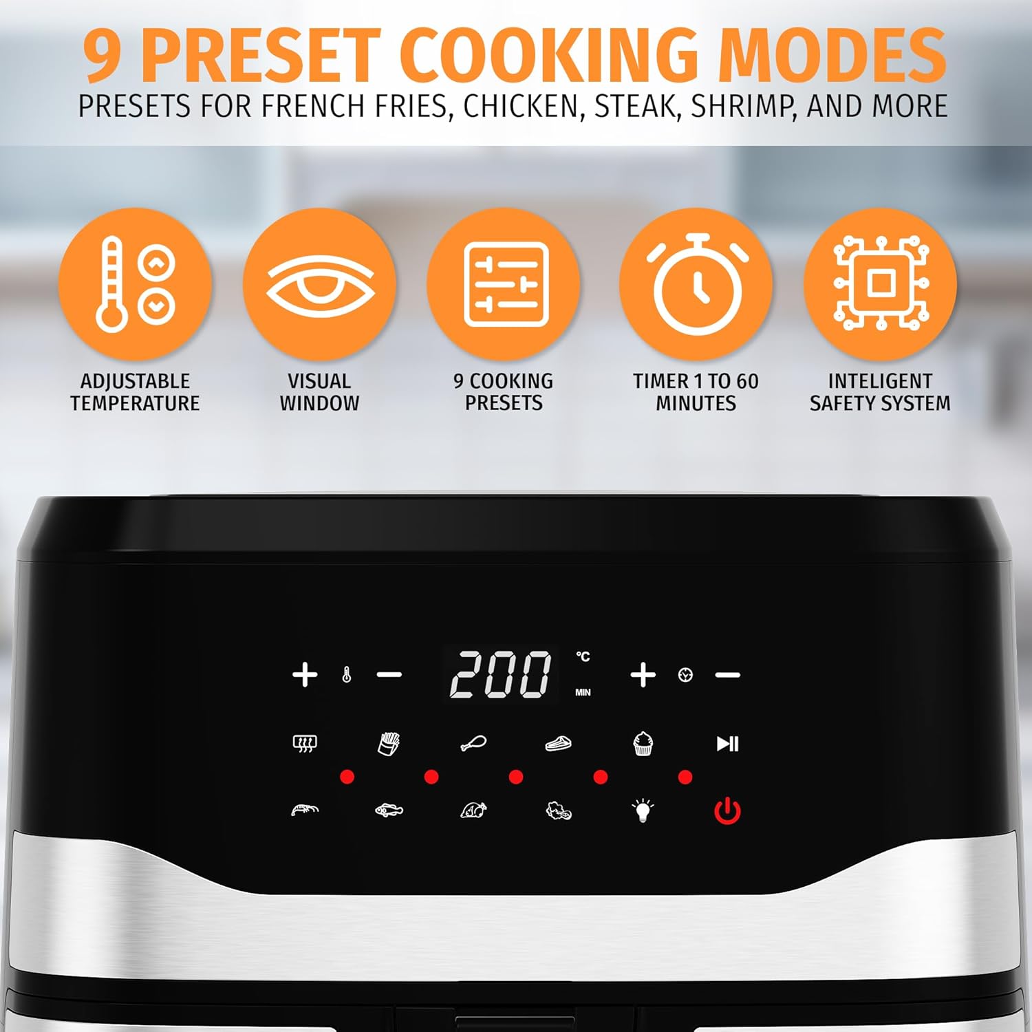 Nyxi 9.2L, XXL Air Fryer Family Size with Viewing Window, Single Basket, 9 Presets, Digital Display, Adjustable Temperature & Timer, Non-Stick Tray, Overheat Protection (Model 3874) - Image 5