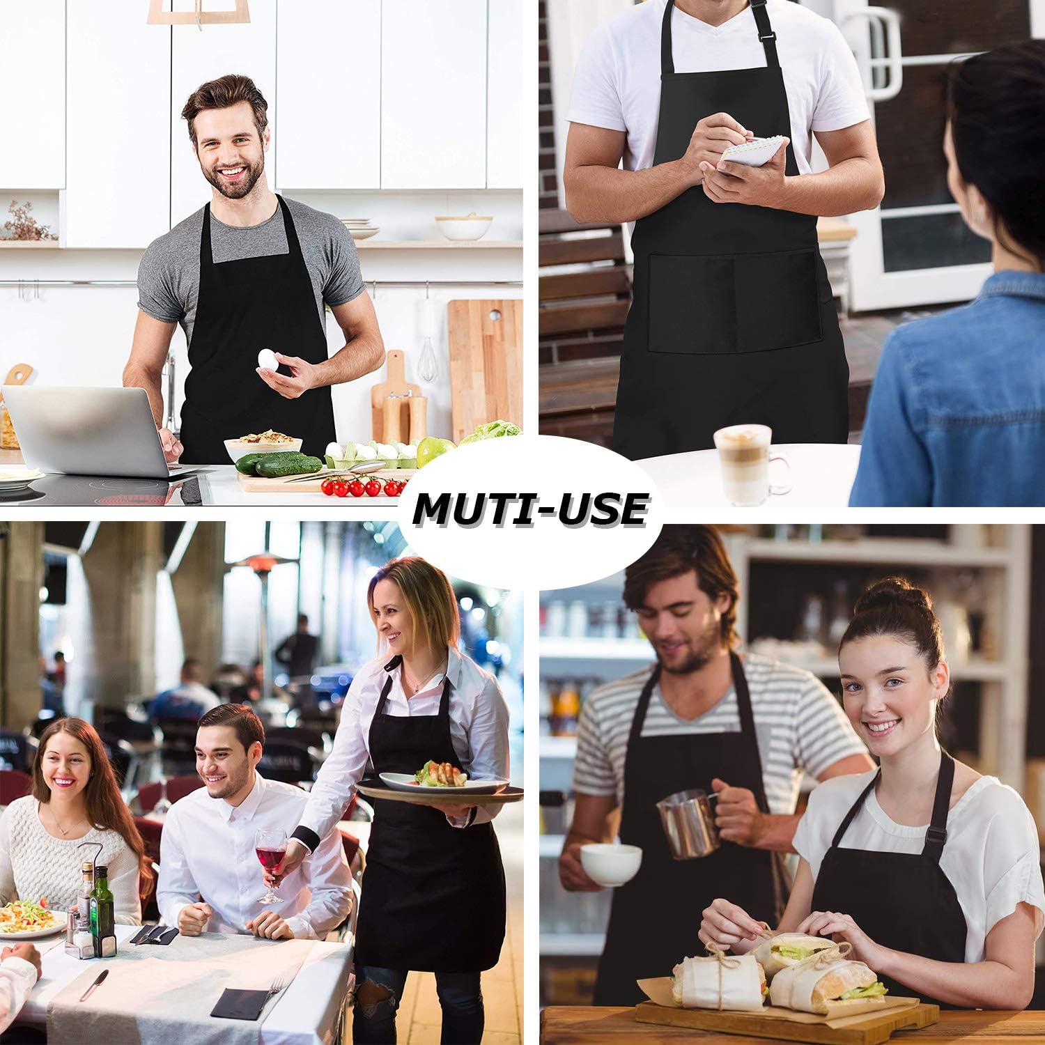 4 Pack Chef Aprons, Black Apron with 2 Pockets, Waterproof Adjustable Apron for Men, Women, Professional Kitchen Apron for Kitchen, Gardening, Restaurant, Barbecue, Coffee - Image 7