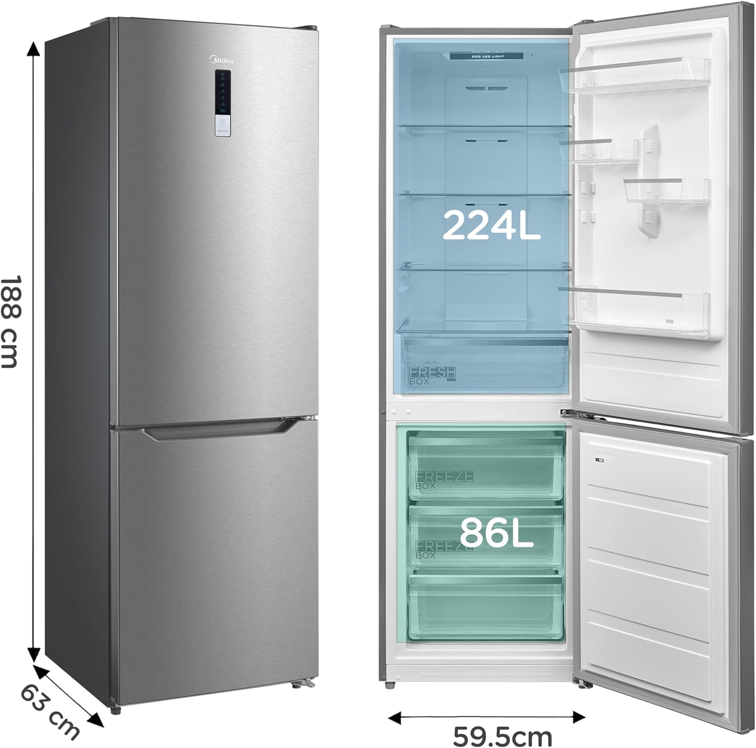 Midea MDRB424FGD02O 310L 70/30 Freestanding Fridge Freezer, Total No Frost, Invertor Compressor, 224L Fridge, 86L Freezer, LED Light, Reversible Door, 59.5W x 63D x 188H cm, Stainless Steel - Image 2