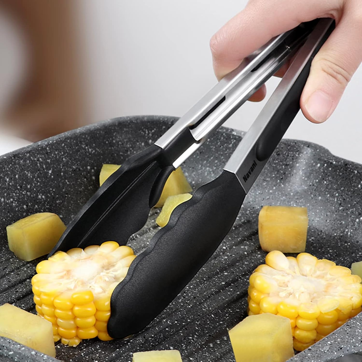 Navani Kitchen Tongs | 9 & 12 Inch Silicone Tip Tongs | Non Stick for Air Fryer & Salad/Pasta, Black 2pcs - Image 4