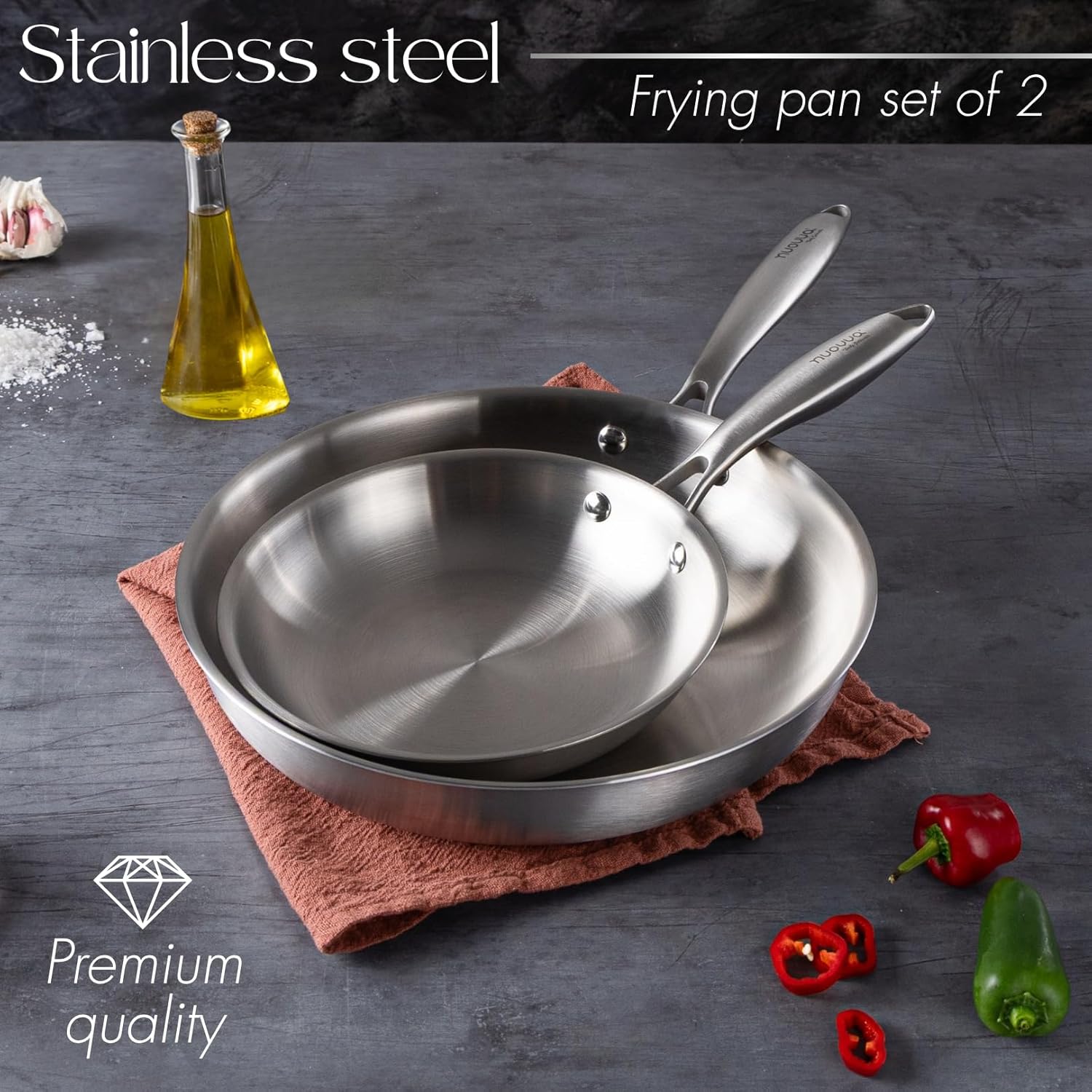 nuovva Stainless Steel Frying Pan Set – 2pcs Induction Hob Pan Set – Naturally Non-Stick Tri-Ply Stainless Steel – 20cm & 28cm Cooking Pans - Image 8