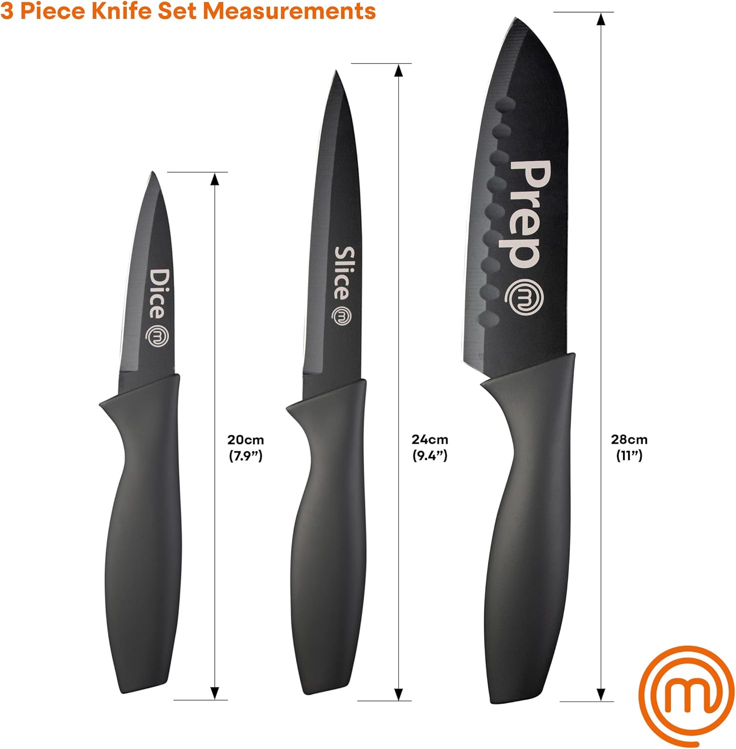 MasterChef Kitchen Knives Set of 3 for Cooking - Chef Knife, Paring Knife & Utility Knife with Professional Sharp Stainless Steel, Non Stick Coated Blades & Soft Touch Handles for Easy Grip, Black - Image 7